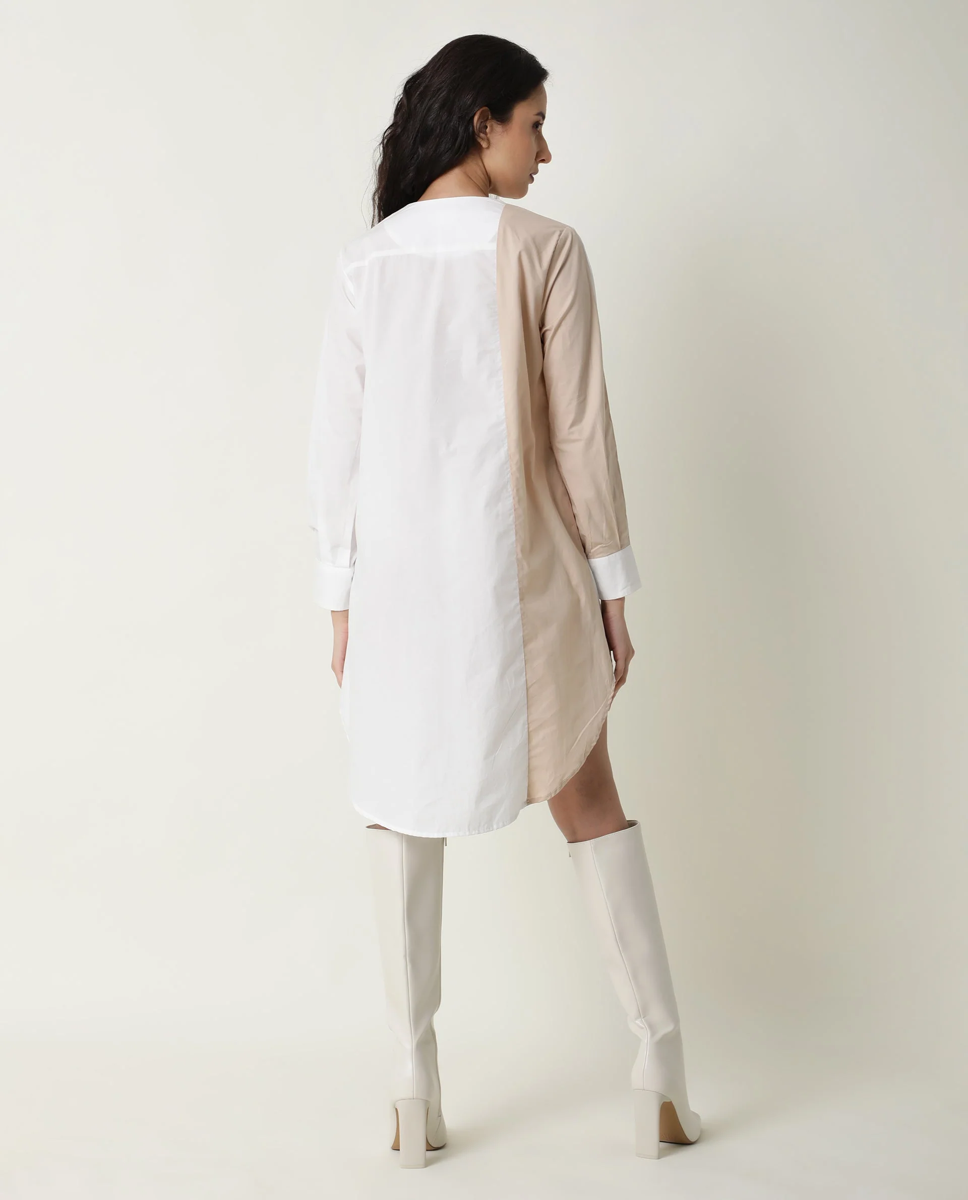 Rareism Women's Tally White Cotton Spread Collar Plain Cuffed Sleeve Mini Flared Dress - Image 14