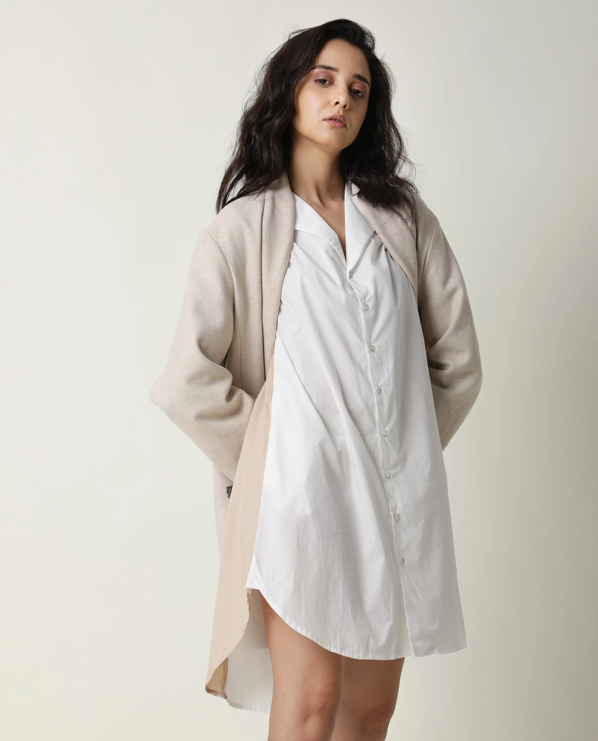 Rareism Women's Tally White Cotton Spread Collar Plain Cuffed Sleeve Mini Flared Dress - Image 15