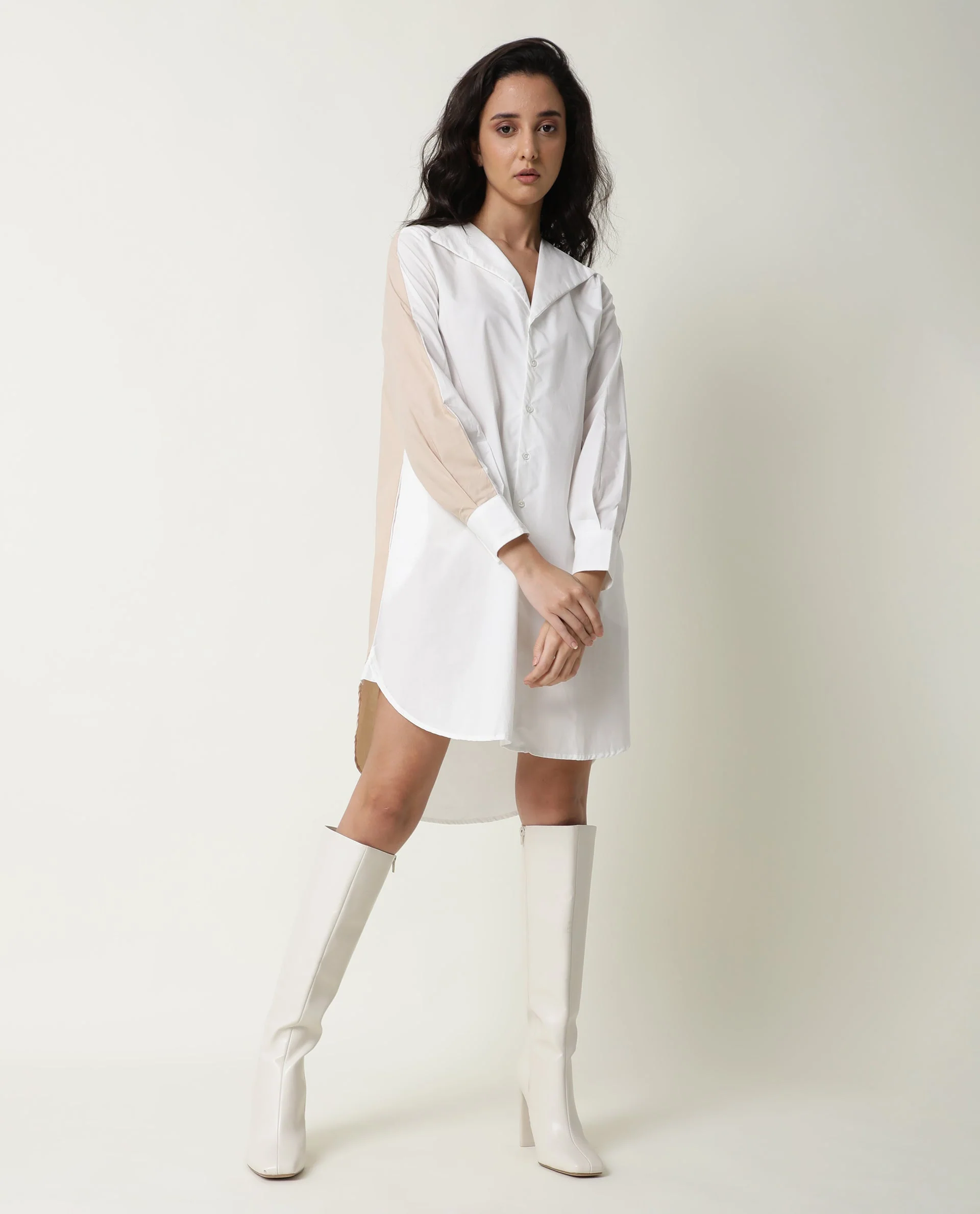 Rareism Women's Tally White Cotton Spread Collar Plain Cuffed Sleeve Mini Flared Dress - Image 2
