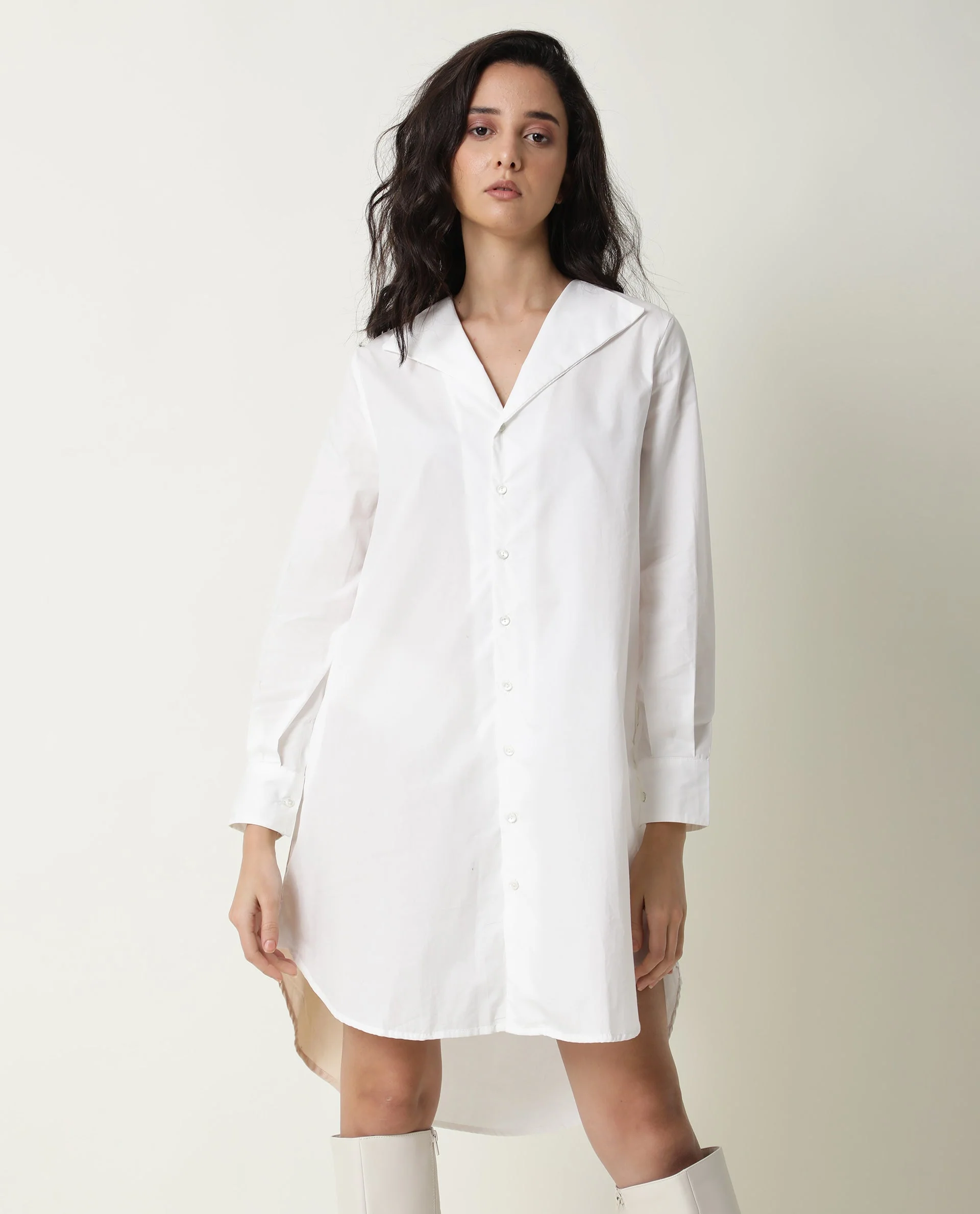 Rareism Women's Tally White Cotton Spread Collar Plain Cuffed Sleeve Mini Flared Dress - Image 4