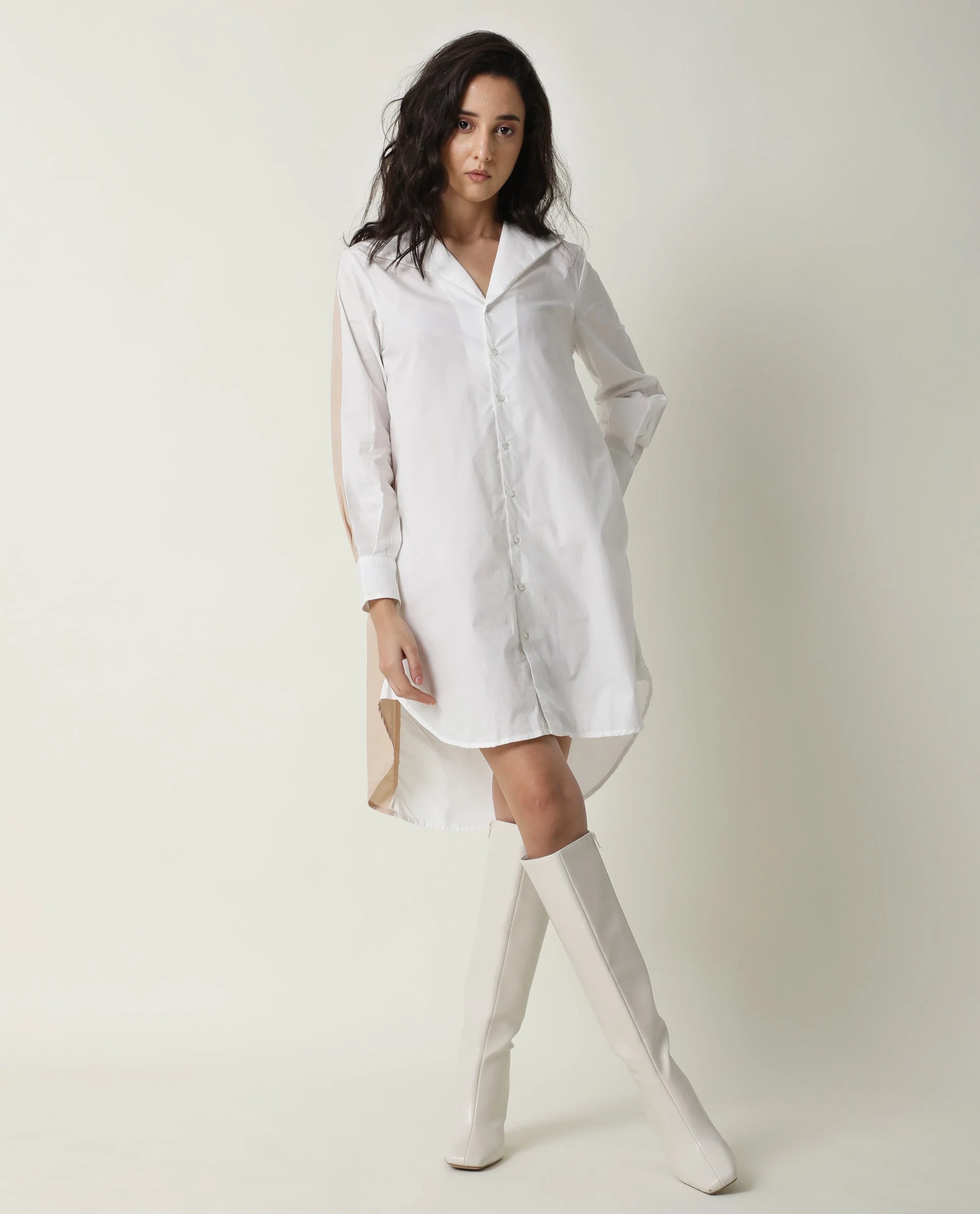 Rareism Women's Tally White Cotton Spread Collar Plain Cuffed Sleeve Mini Flared Dress - Image 5