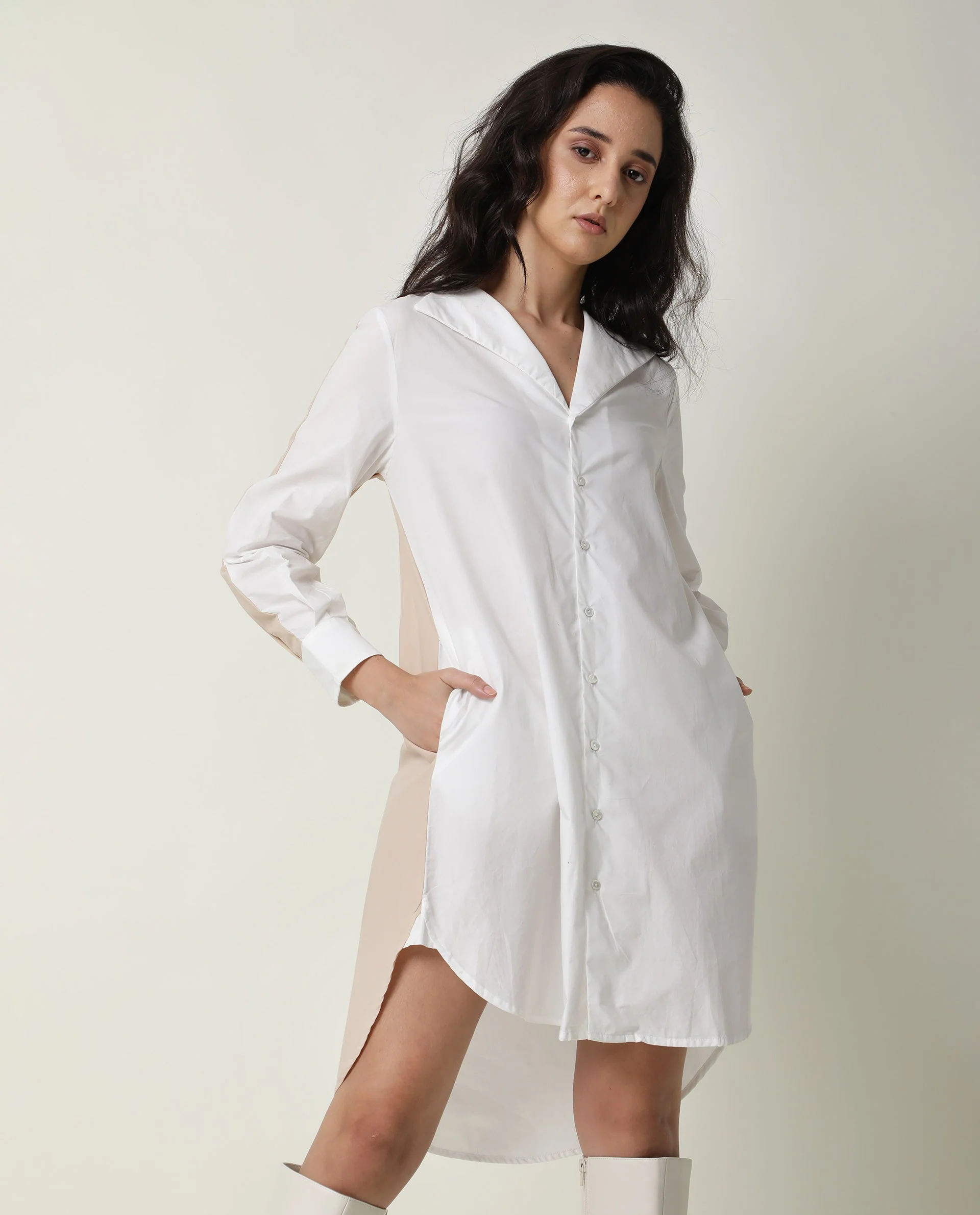 Rareism Women's Tally White Cotton Spread Collar Plain Cuffed Sleeve Mini Flared Dress - Image 6