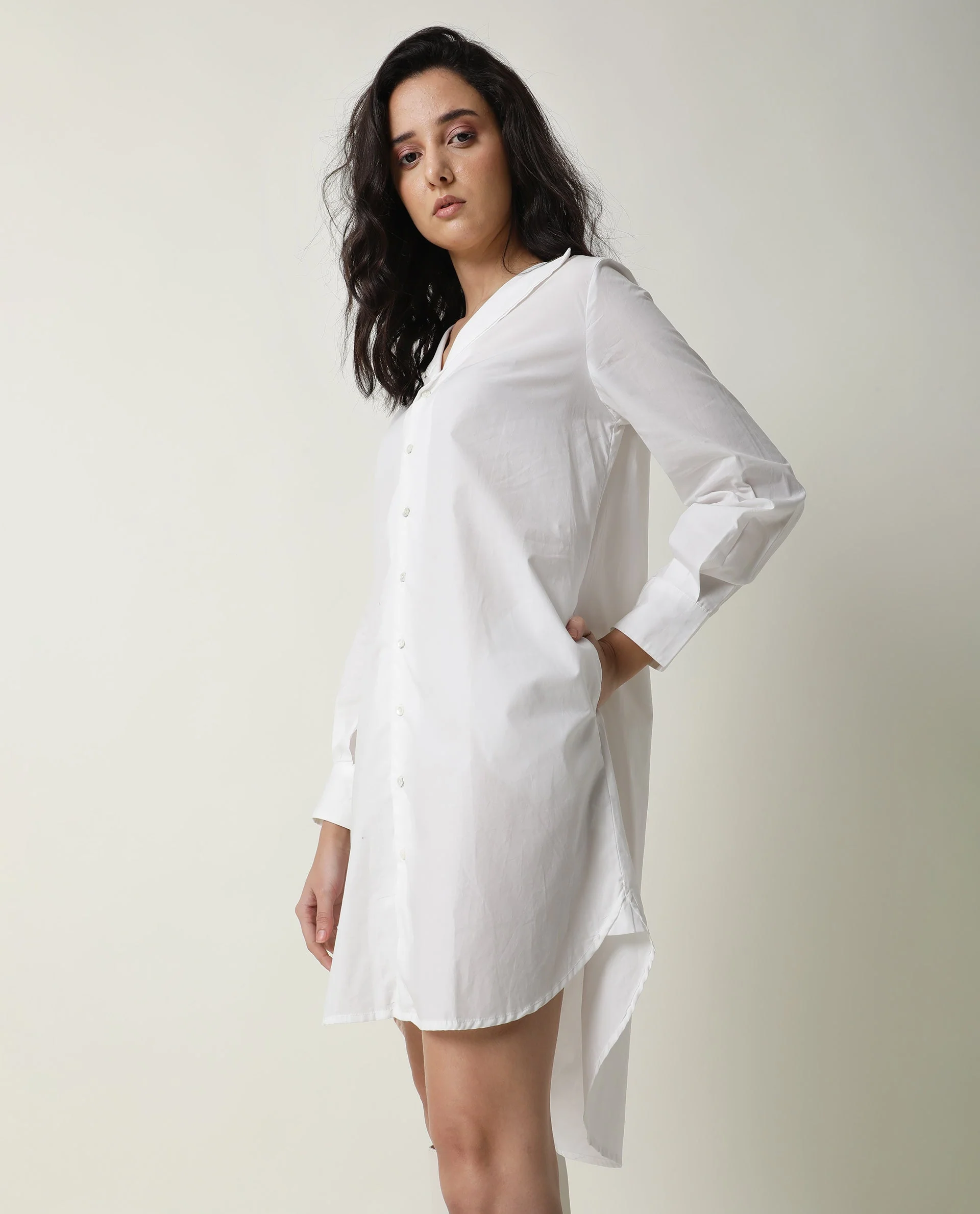 Rareism Women's Tally White Cotton Spread Collar Plain Cuffed Sleeve Mini Flared Dress - Image 7