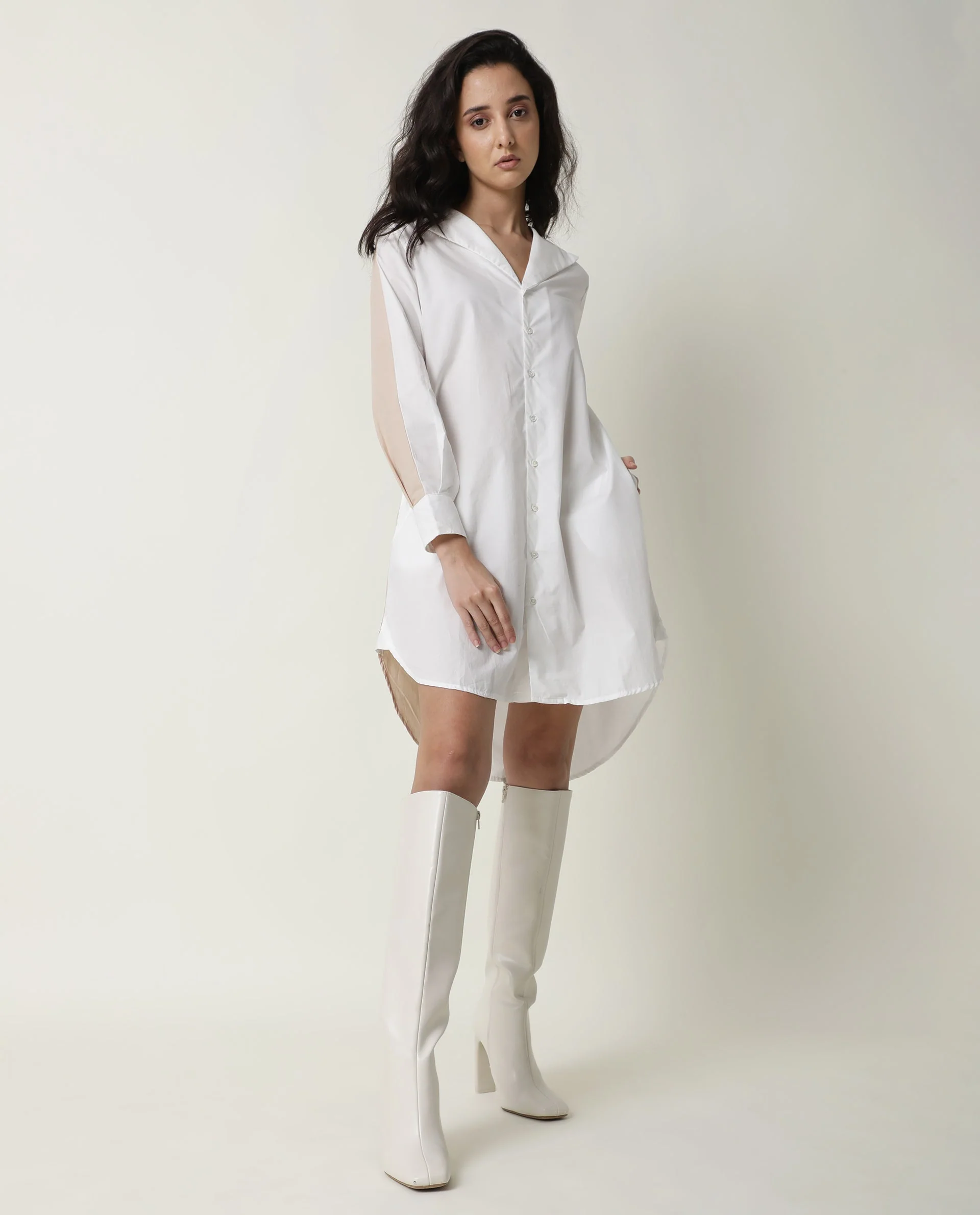 Rareism Women's Tally White Cotton Spread Collar Plain Cuffed Sleeve Mini Flared Dress - Image 8