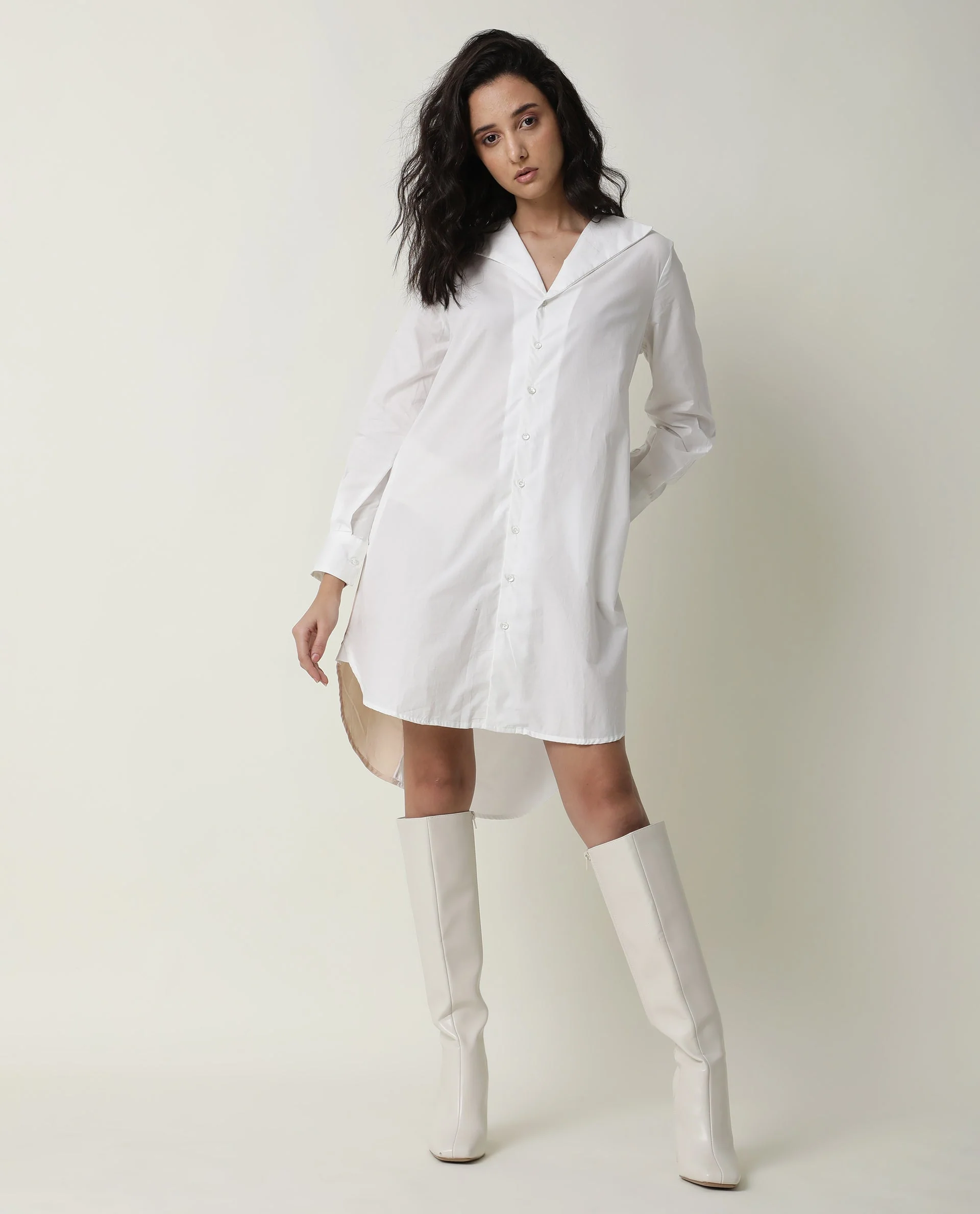 Rareism Women's Tally White Cotton Spread Collar Plain Cuffed Sleeve Mini Flared Dress - Image 9