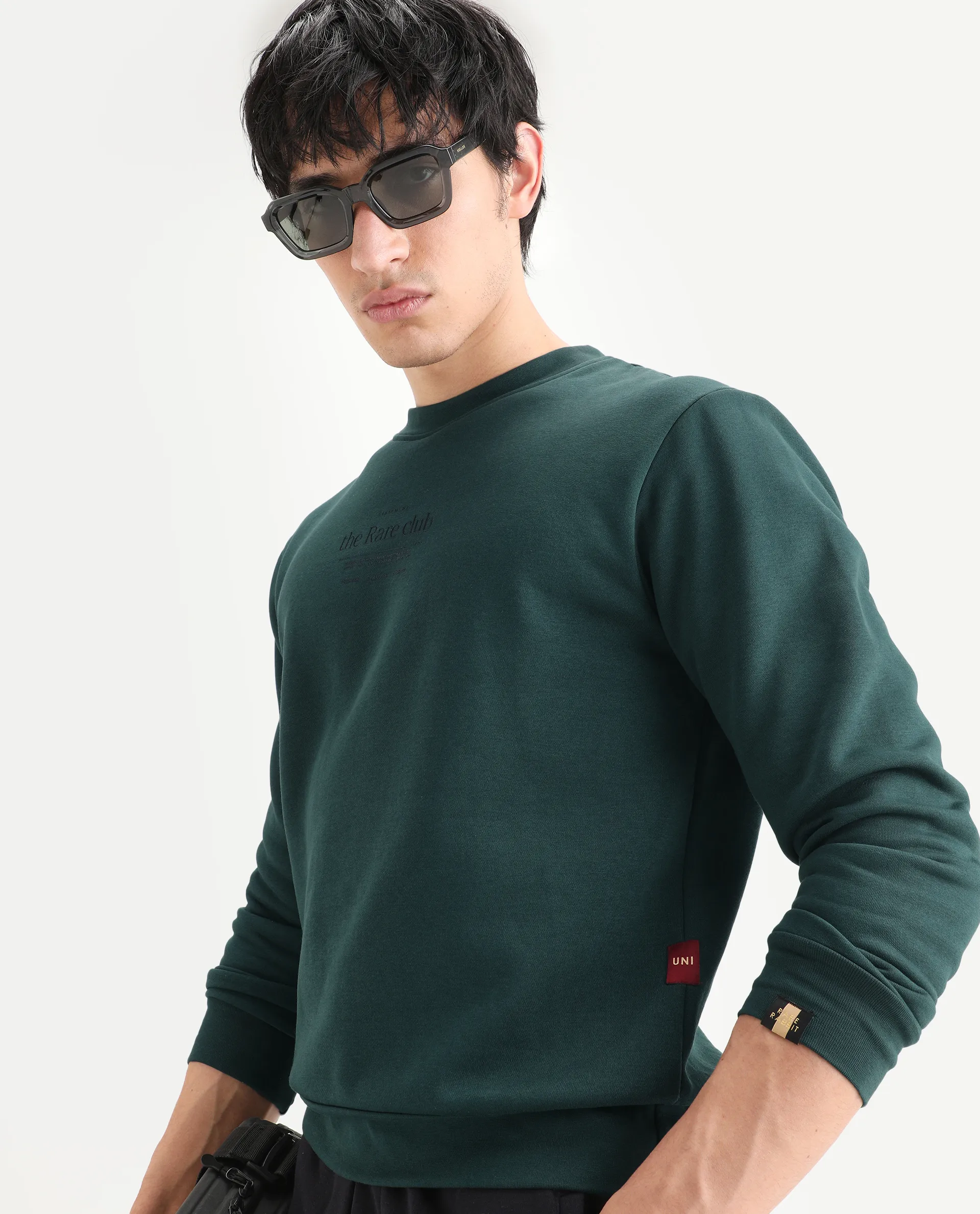 Rare Rabbit Men's Tamar Dark Green Cotton Blend Graphic Print Regular Fit Full Sleeve Crew Neck Sweatshirt