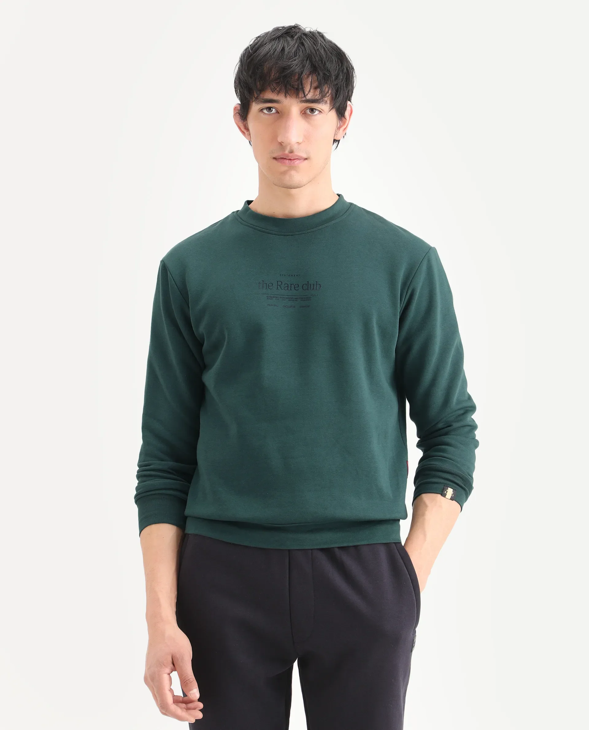Rare Rabbit Men's Tamar Dark Green Cotton Blend Graphic Print Regular Fit Full Sleeve Crew Neck Sweatshirt - Image 3