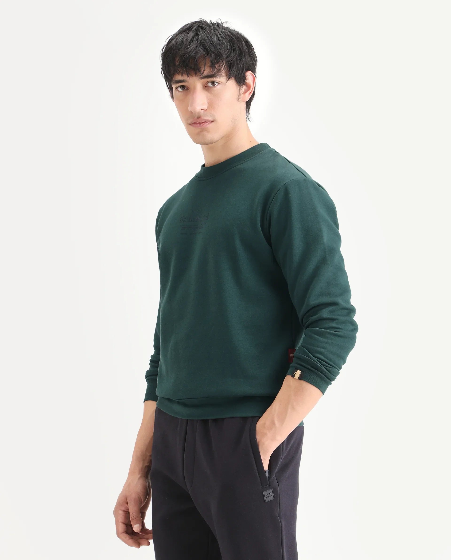 Rare Rabbit Men's Tamar Dark Green Cotton Blend Graphic Print Regular Fit Full Sleeve Crew Neck Sweatshirt - Image 6