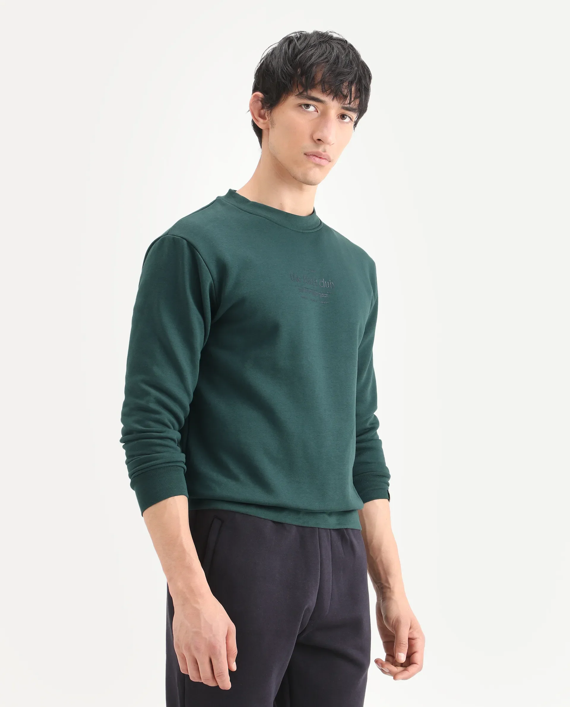Rare Rabbit Men's Tamar Dark Green Cotton Blend Graphic Print Regular Fit Full Sleeve Crew Neck Sweatshirt - Image 7