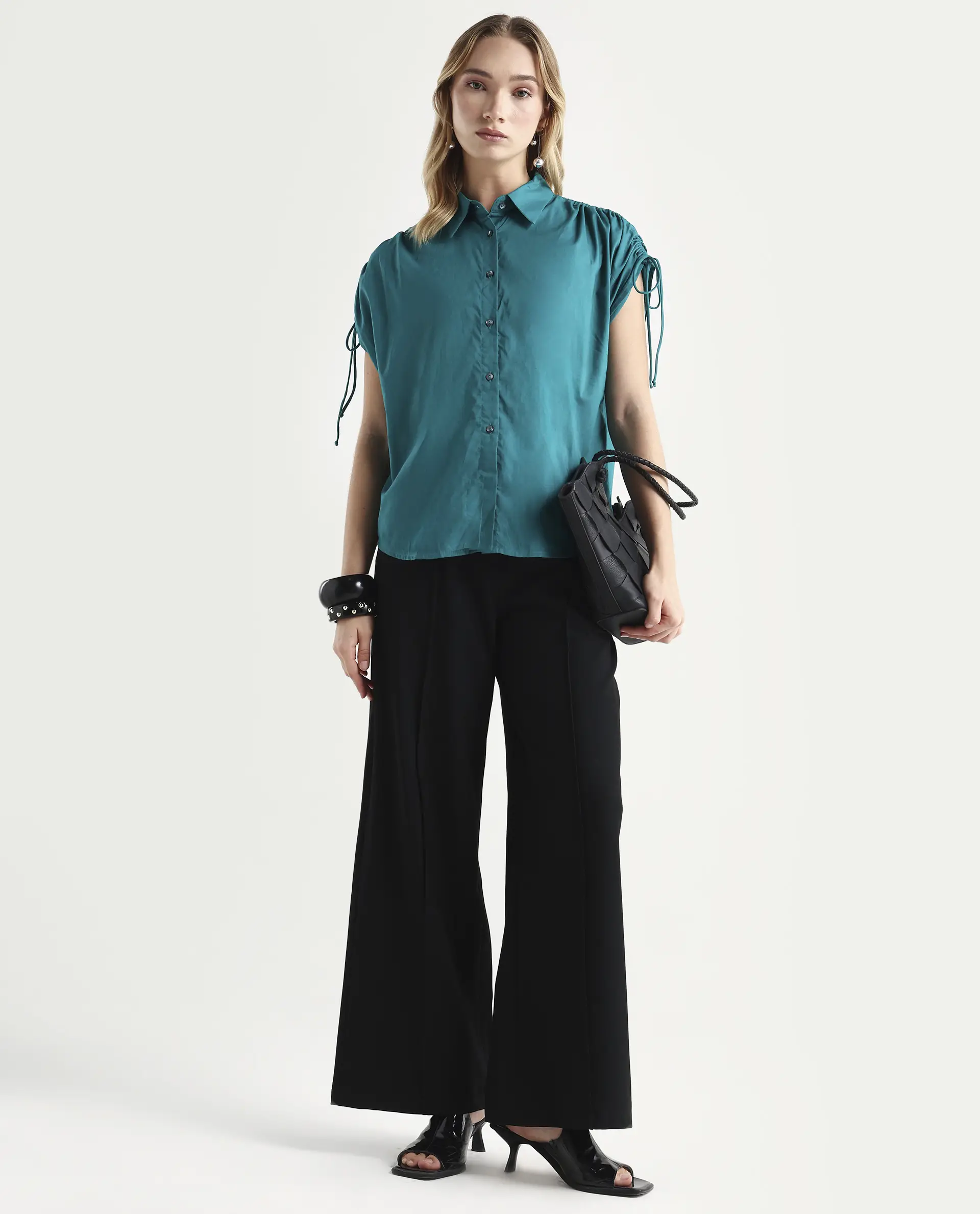 Rareism Women's Tamara Petrol Cotton Spread Collar Plain Regular Fit Top - Image 2