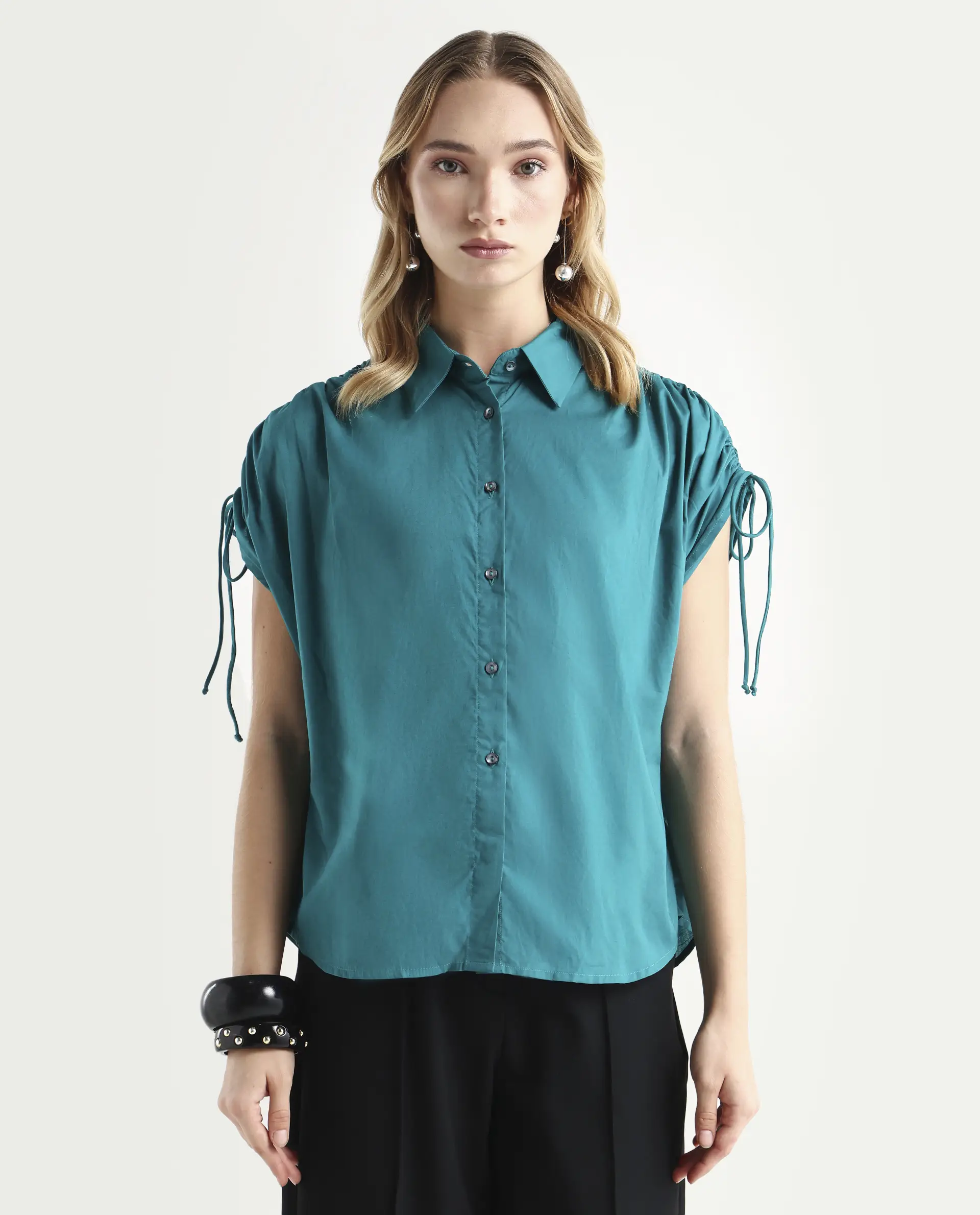 Rareism Women's Tamara Petrol Cotton Spread Collar Plain Regular Fit Top - Image 3