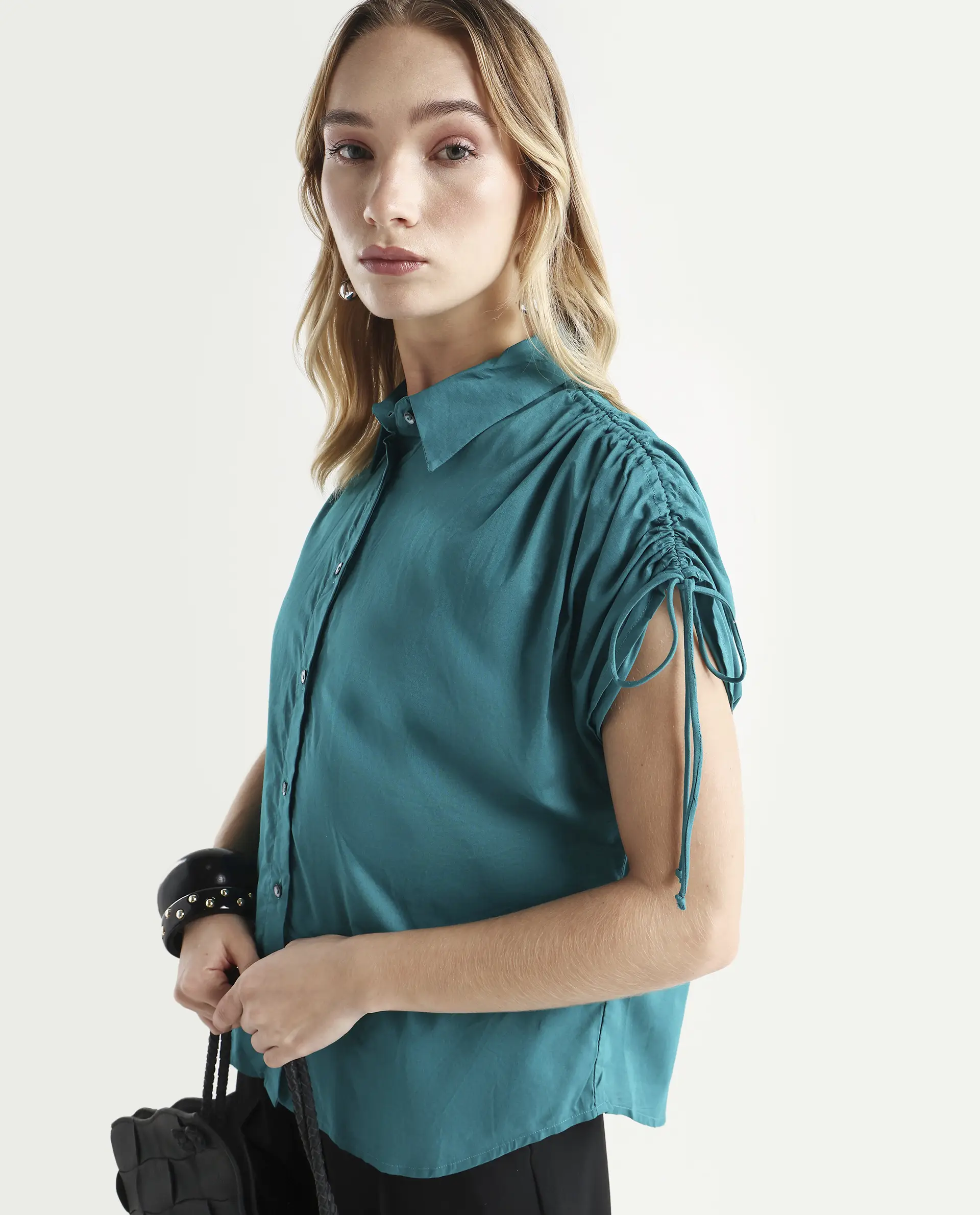 Rareism Women's Tamara Petrol Cotton Spread Collar Plain Regular Fit Top - Image 4