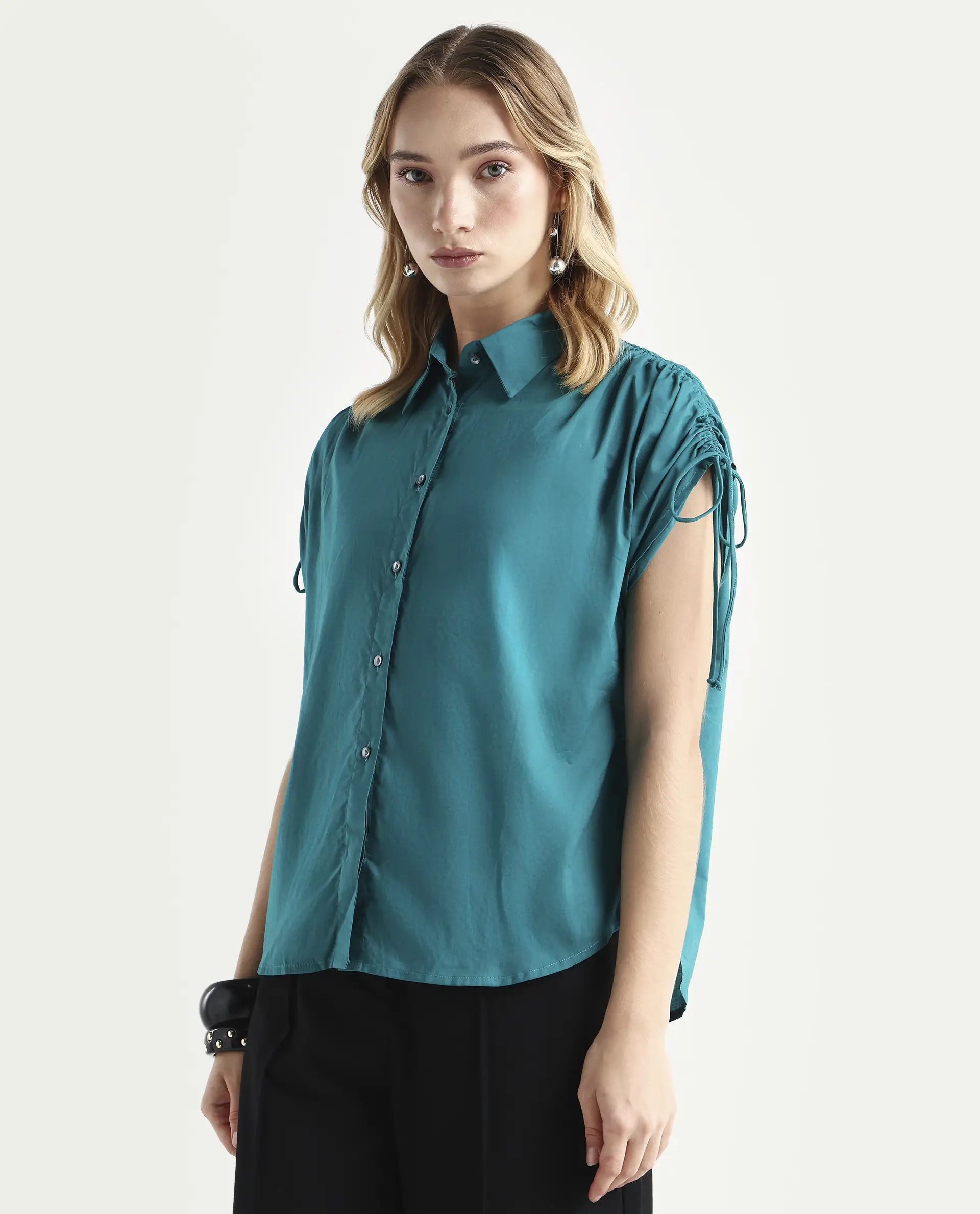 Rareism Women's Tamara Petrol Cotton Spread Collar Plain Regular Fit Top - Image 5