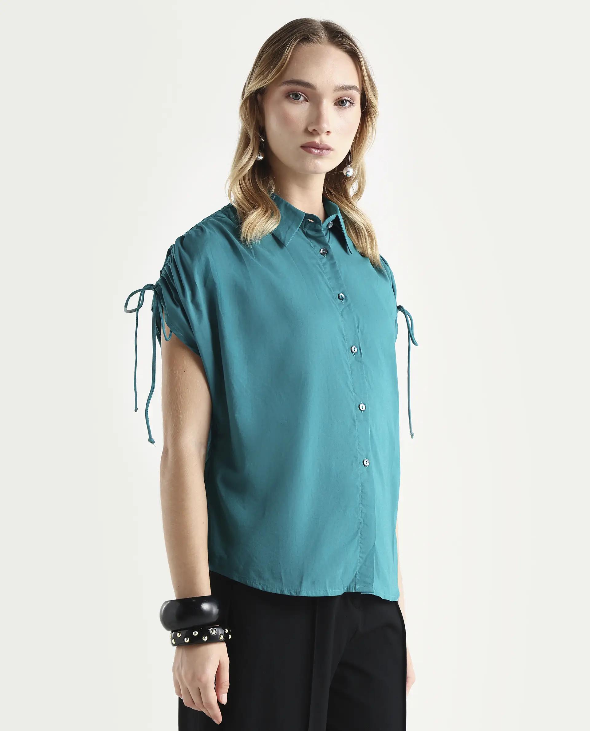 Rareism Women's Tamara Petrol Cotton Spread Collar Plain Regular Fit Top - Image 6