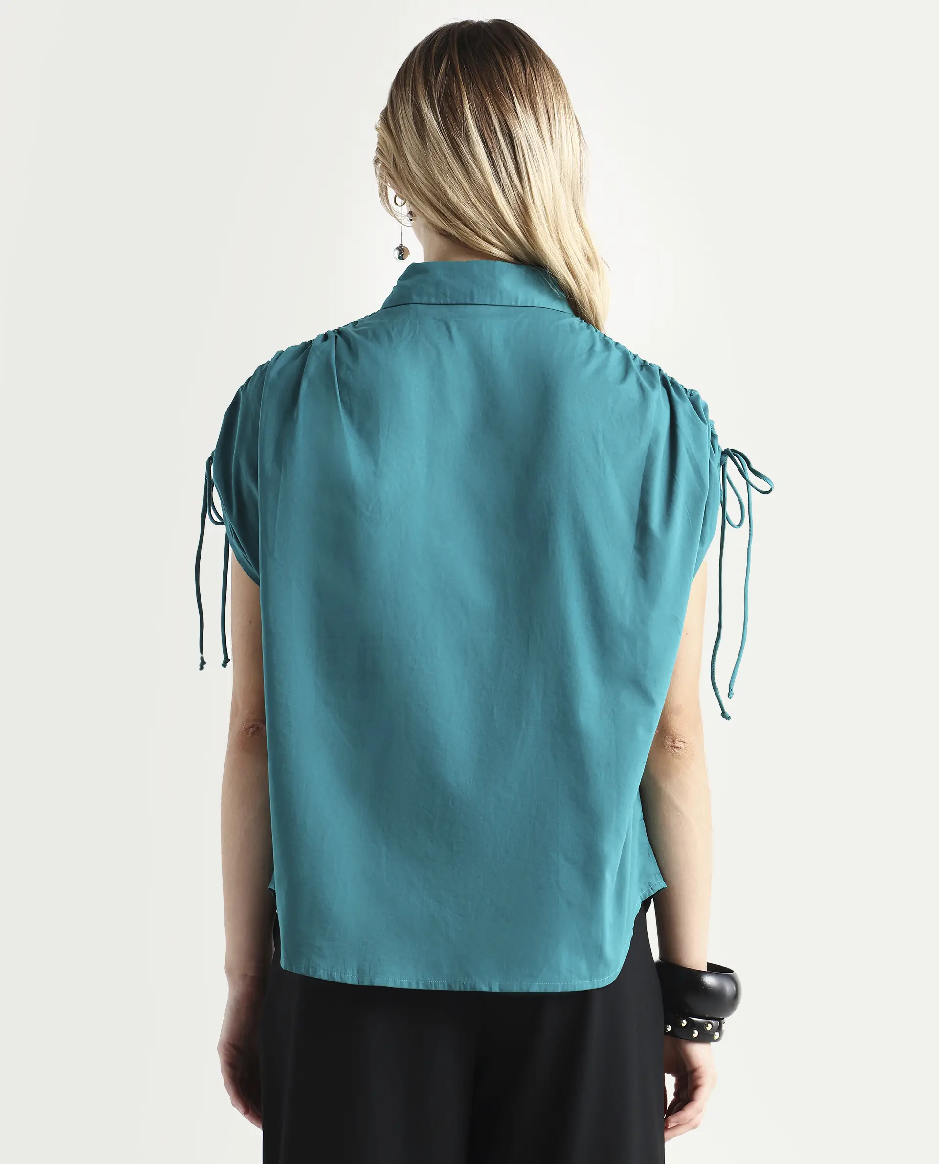 Rareism Women's Tamara Petrol Cotton Spread Collar Plain Regular Fit Top - Image 7