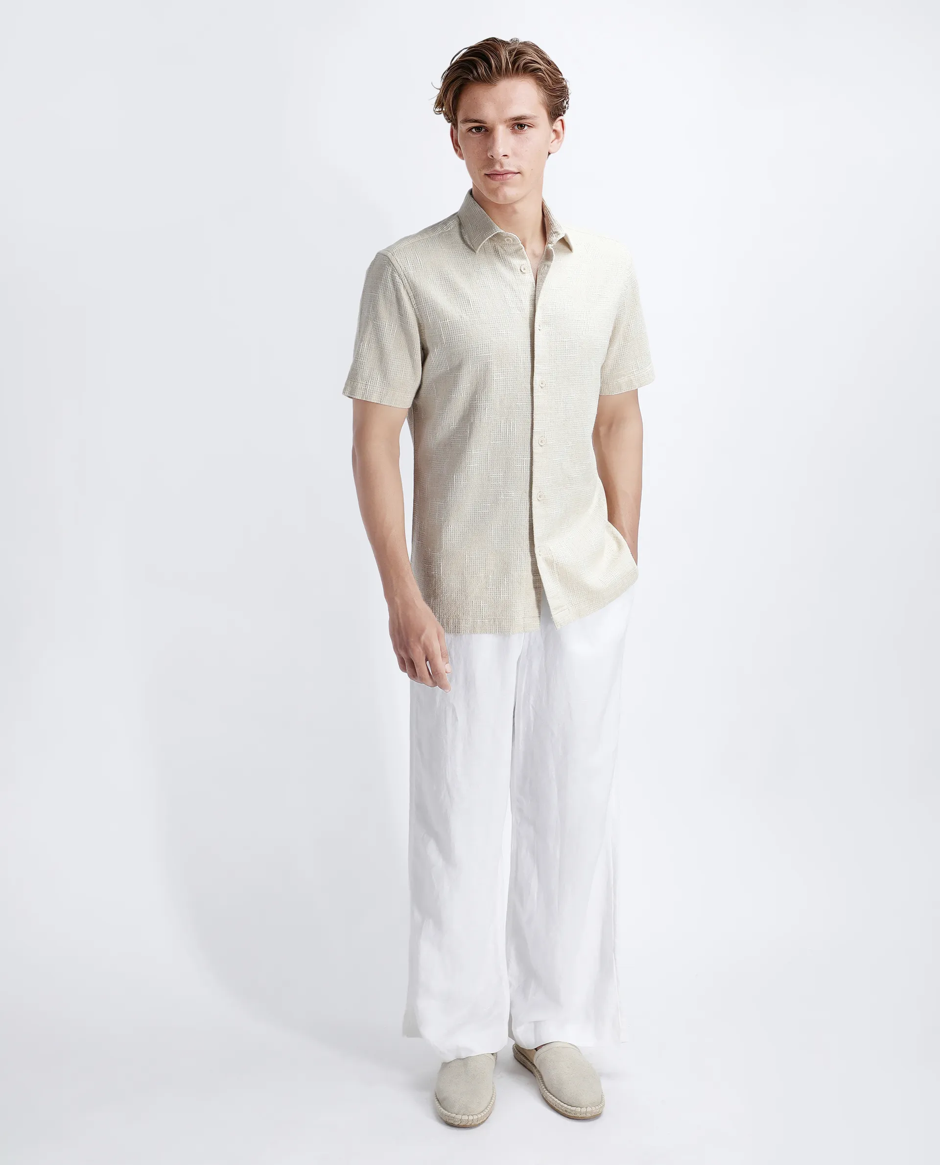 Rare Rabbit Men's Tana Beige Cotton Textured Regular Fit Half Sleeve Collared Shirt - Image 2