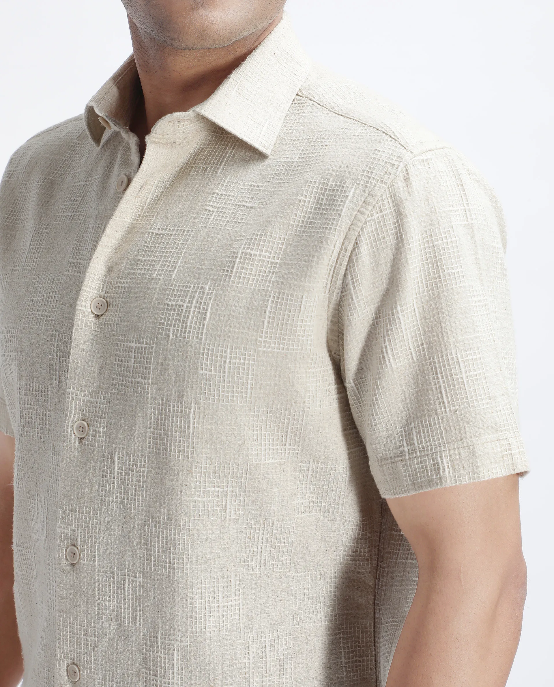 Rare Rabbit Men's Tana Beige Cotton Textured Regular Fit Half Sleeve Collared Shirt - Image 3