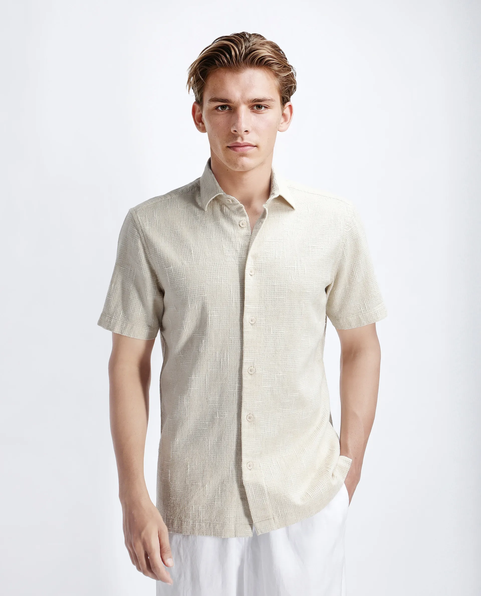 Rare Rabbit Men's Tana Beige Cotton Textured Regular Fit Half Sleeve Collared Shirt - Image 4