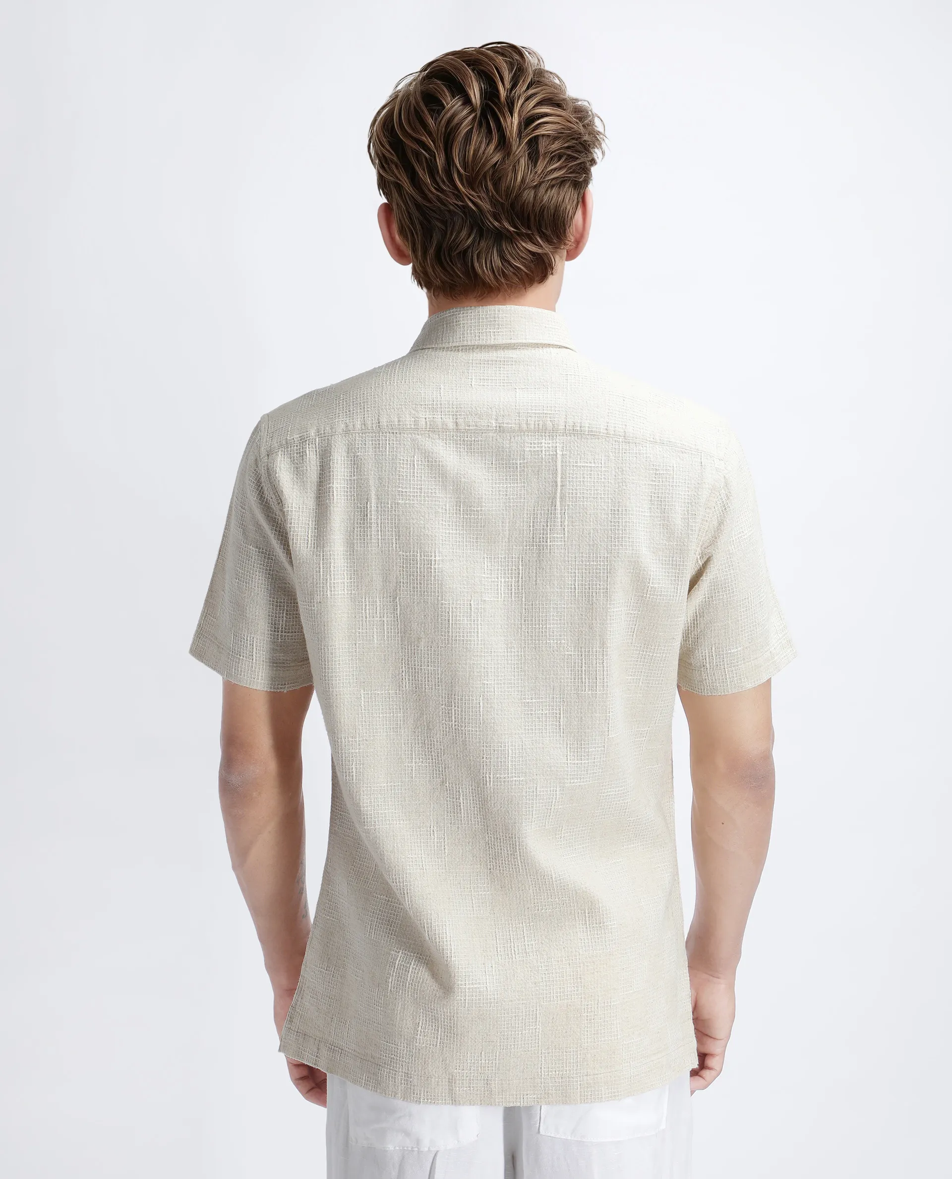 Rare Rabbit Men's Tana Beige Cotton Textured Regular Fit Half Sleeve Collared Shirt - Image 5