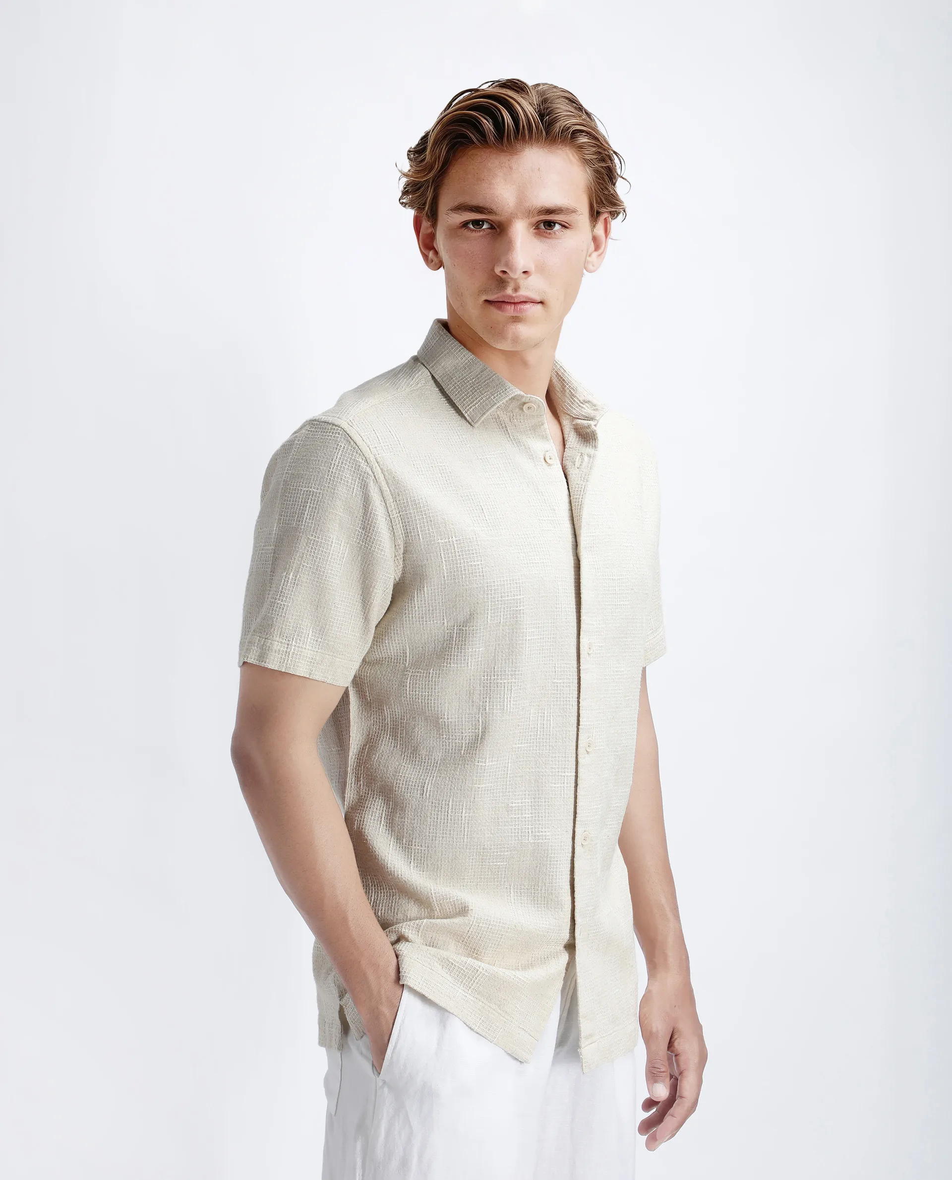 Rare Rabbit Men's Tana Beige Cotton Textured Regular Fit Half Sleeve Collared Shirt - Image 6