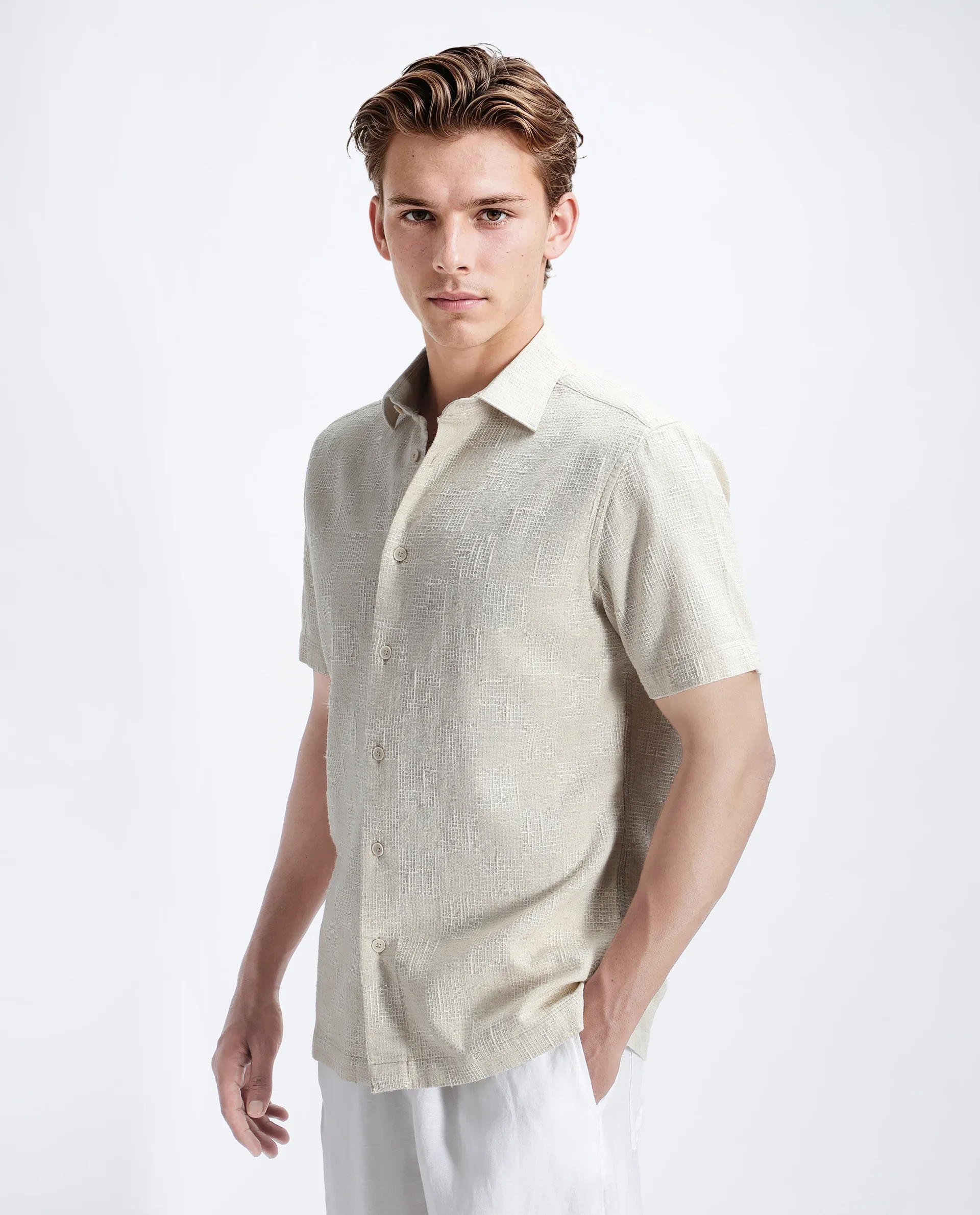 Rare Rabbit Men's Tana Beige Cotton Textured Regular Fit Half Sleeve Collared Shirt - Image 7