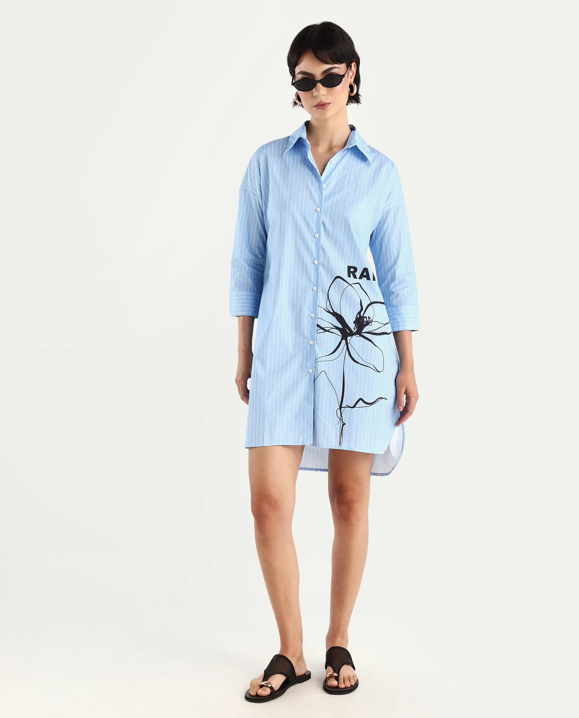 Rareism Women's Tanashi Blue Cotton Spread Collar Floral Print Cuffed Sleeve Mini Relaxed Fit Top - Image 2