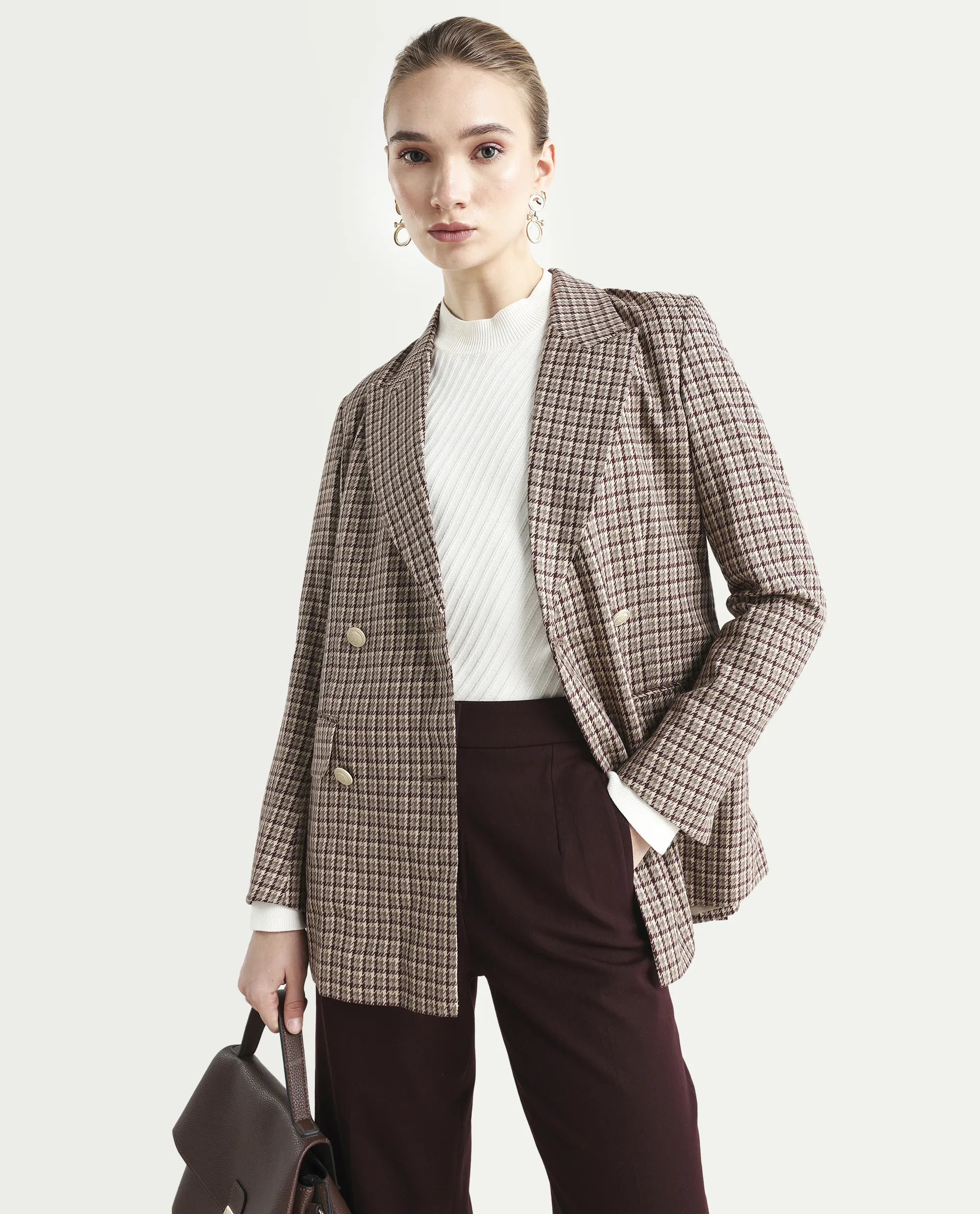 Rareism Women's Tanbi Brown Polyester Lapel Neck Jacquard Regular Fit Blazer