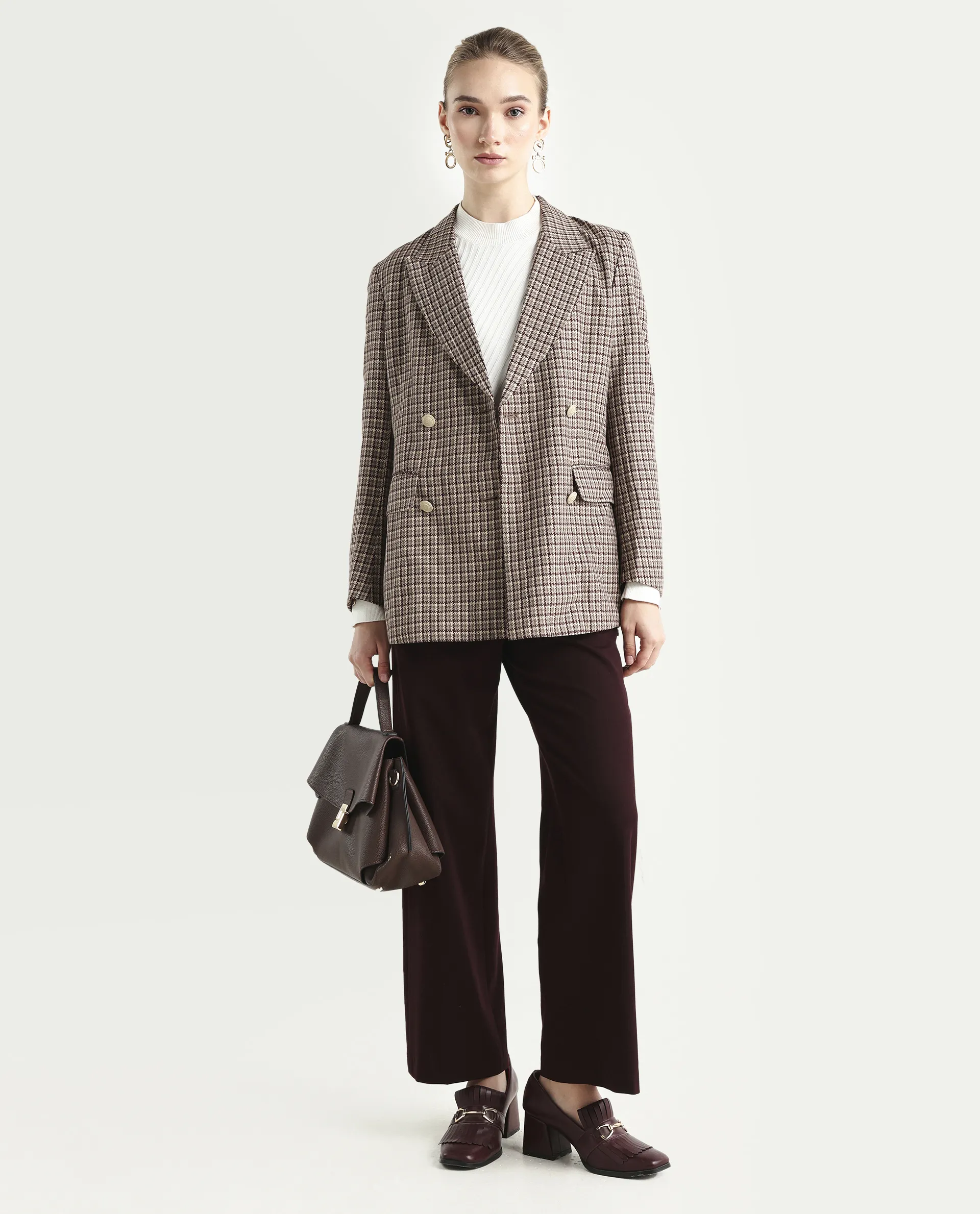 Rareism Women's Tanbi Brown Polyester Lapel Neck Jacquard Regular Fit Blazer - Image 2