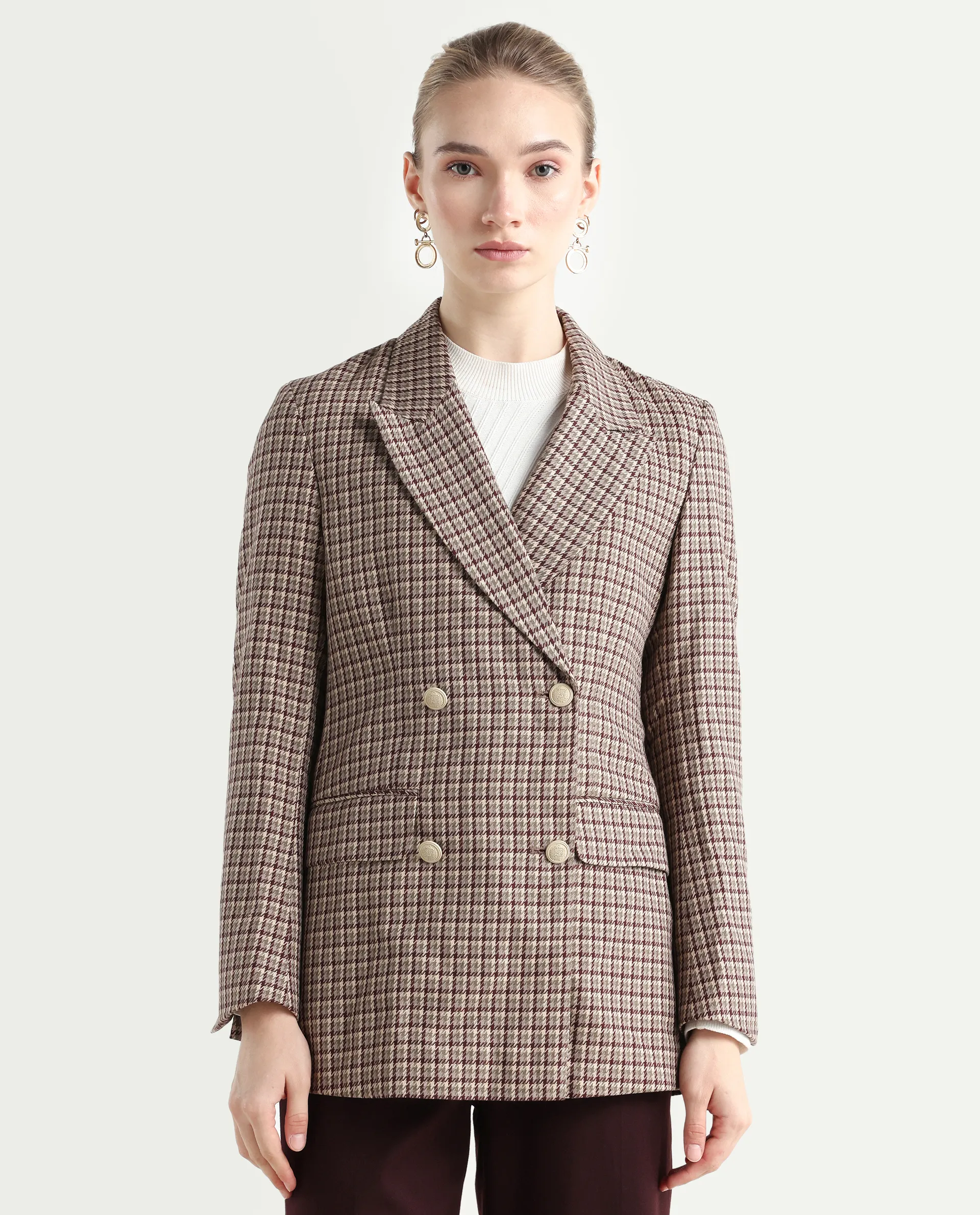 Rareism Women's Tanbi Brown Polyester Lapel Neck Jacquard Regular Fit Blazer - Image 3