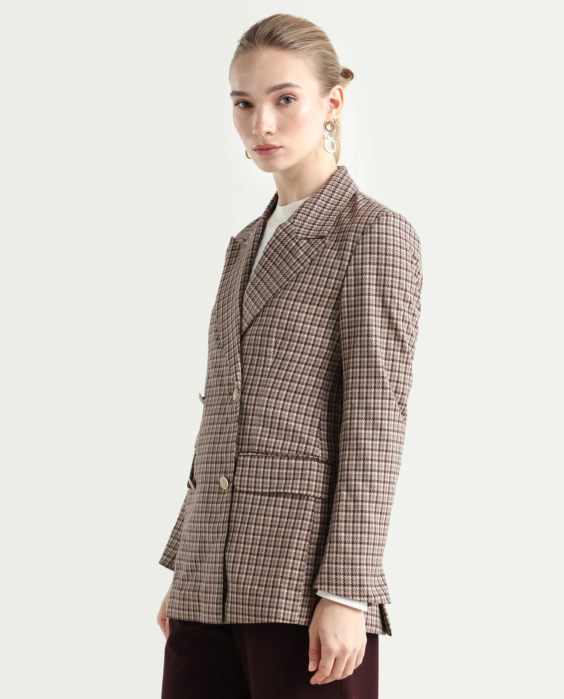 Rareism Women's Tanbi Brown Polyester Lapel Neck Jacquard Regular Fit Blazer - Image 5