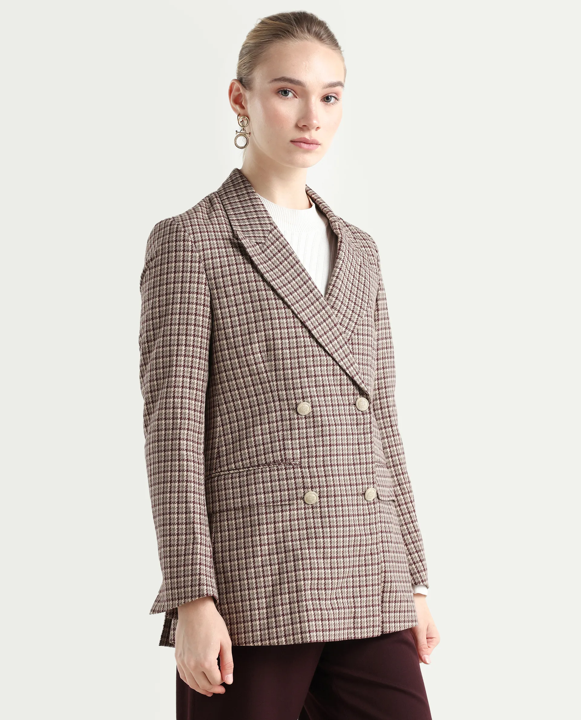 Rareism Women's Tanbi Brown Polyester Lapel Neck Jacquard Regular Fit Blazer - Image 6