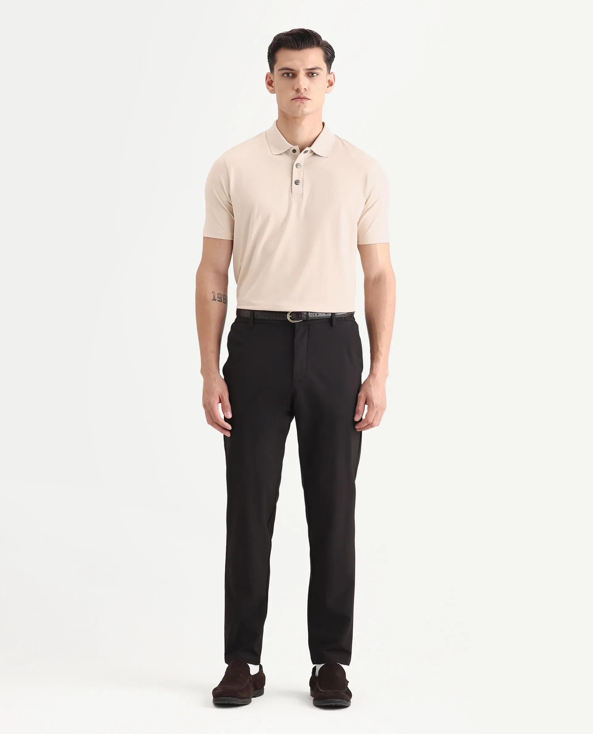 Rare Rabbit Men's Tang-1 Beige Cotton Plain Regular Fit Half Sleeve Polo - Image 2