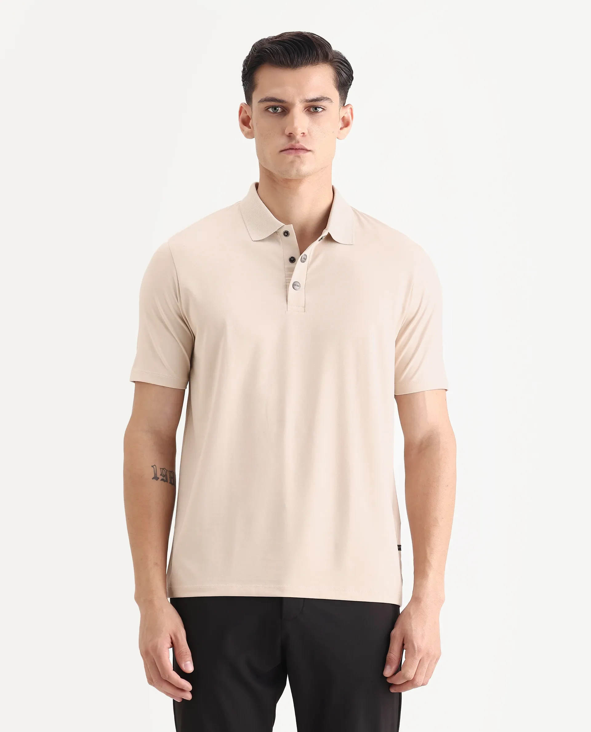 Rare Rabbit Men's Tang-1 Beige Cotton Plain Regular Fit Half Sleeve Polo - Image 4