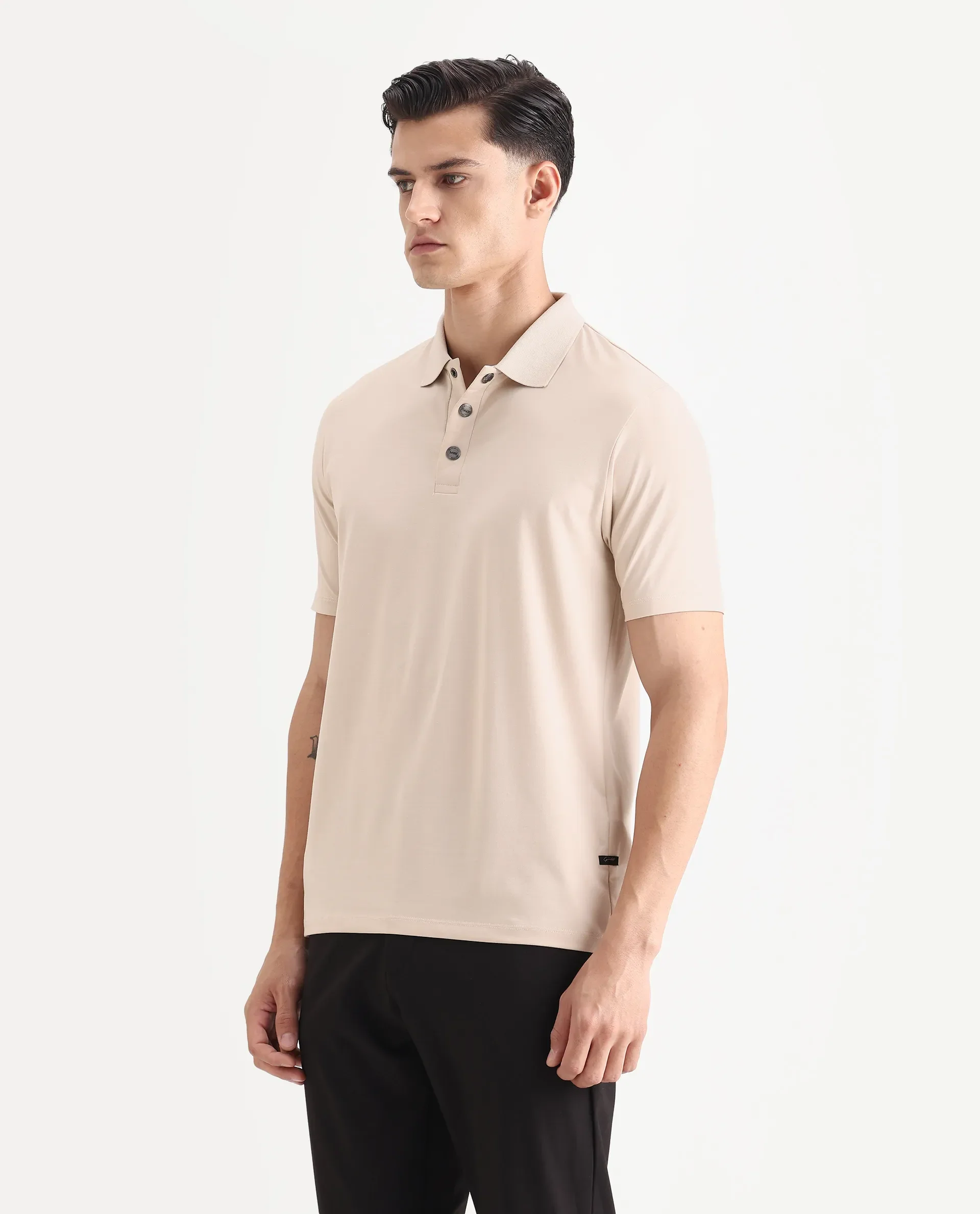Rare Rabbit Men's Tang-1 Beige Cotton Plain Regular Fit Half Sleeve Polo - Image 5