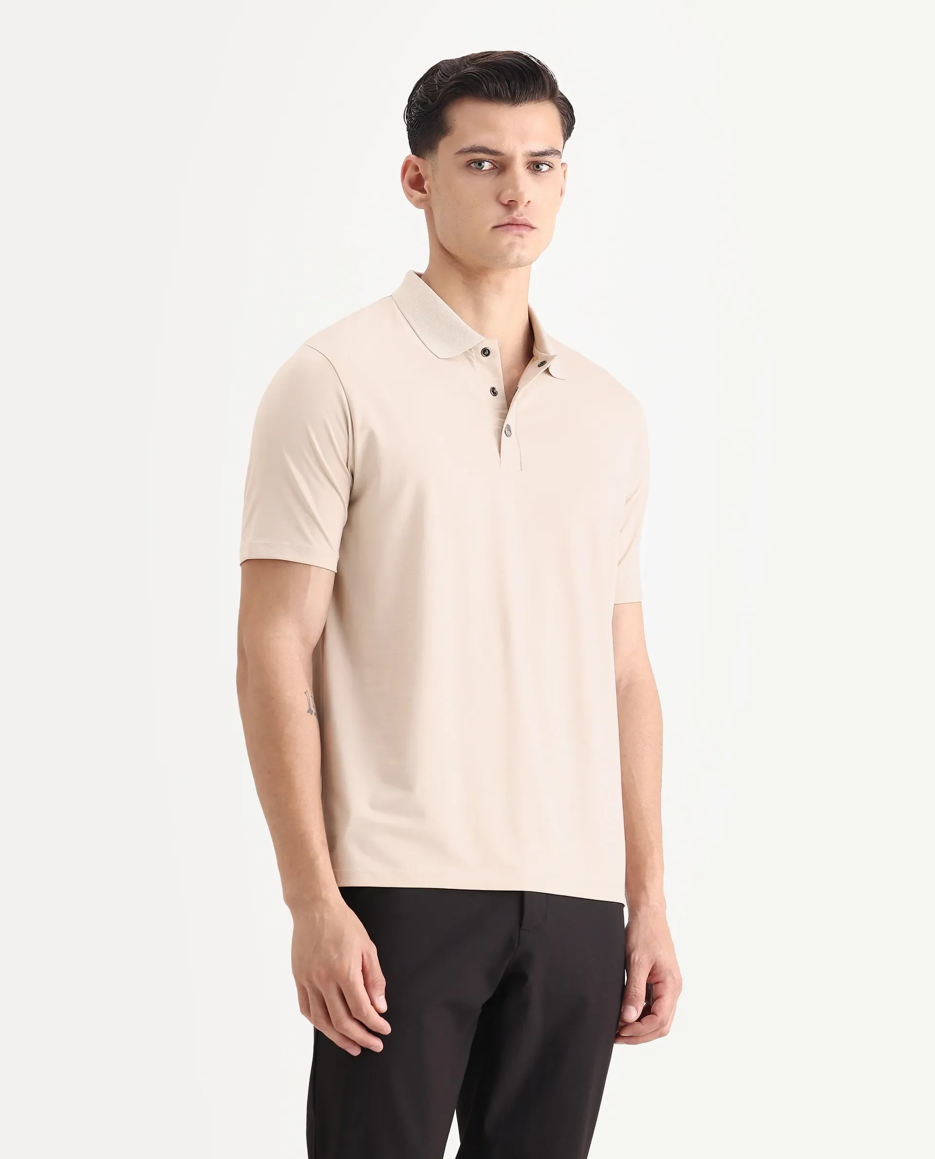 Rare Rabbit Men's Tang-1 Beige Cotton Plain Regular Fit Half Sleeve Polo - Image 6