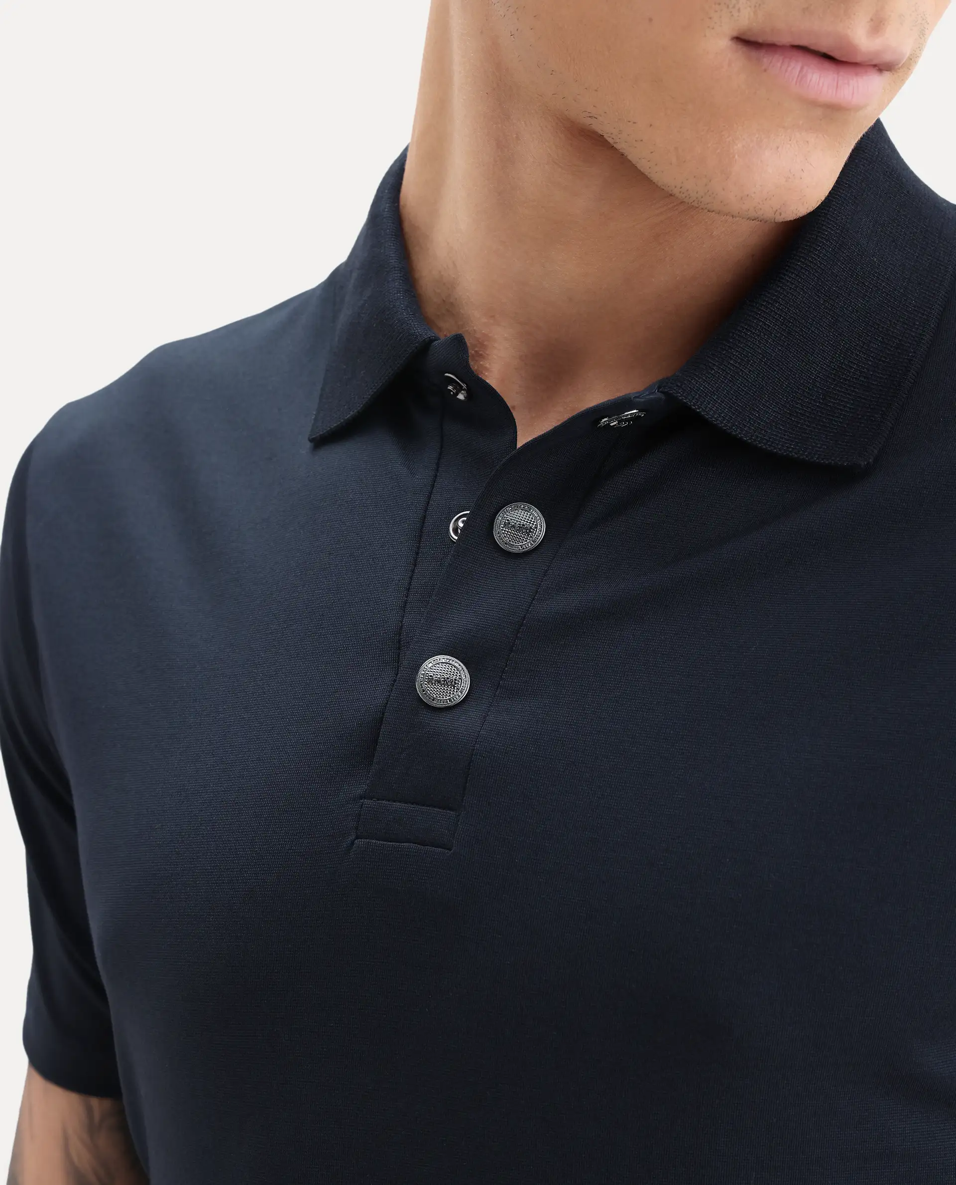 Rare Rabbit Men's Tang-1 Navy Cotton Plain Regular Fit Half Sleeve Polo - Image 3