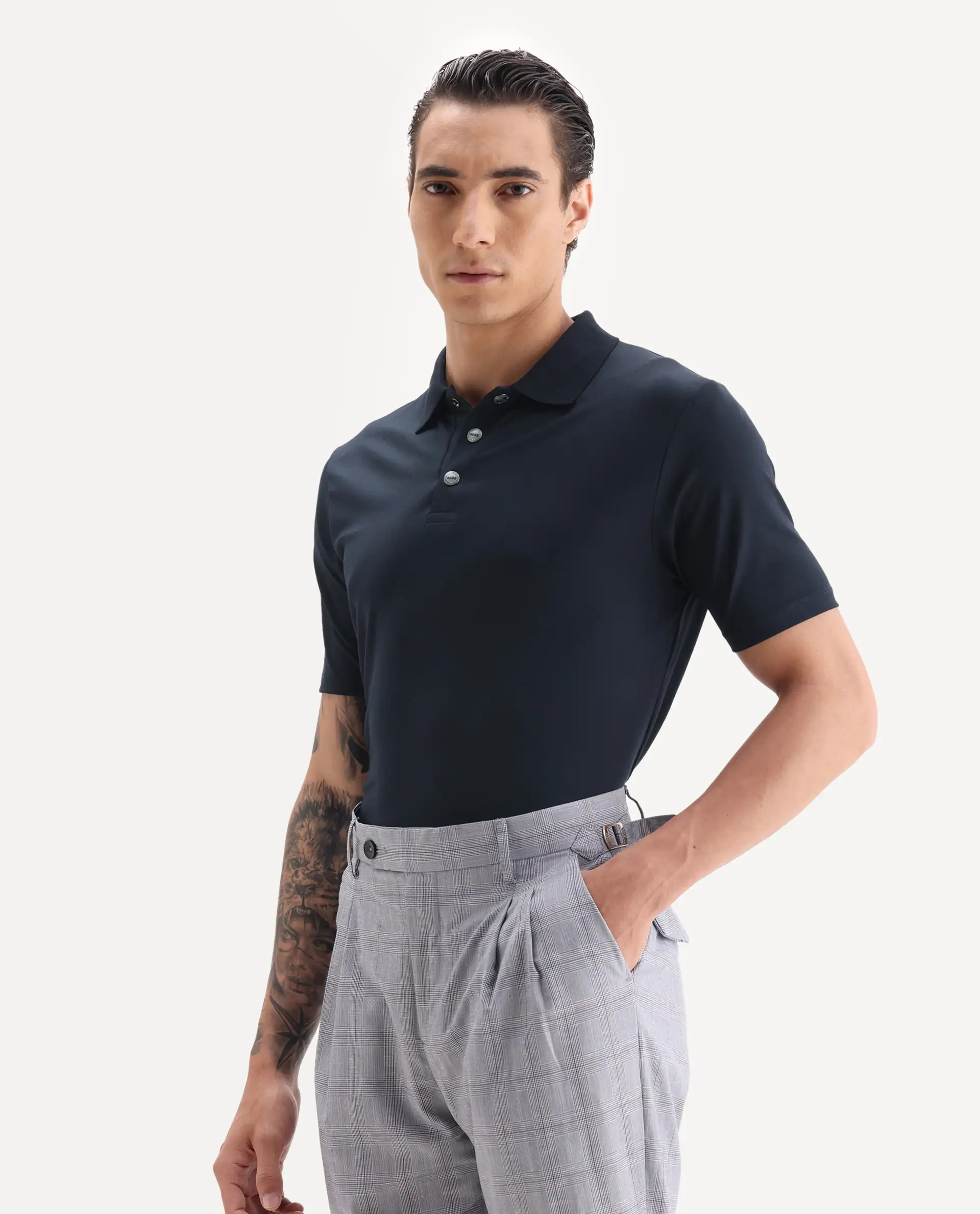 Rare Rabbit Men's Tang-1 Navy Cotton Plain Regular Fit Half Sleeve Polo - Image 4