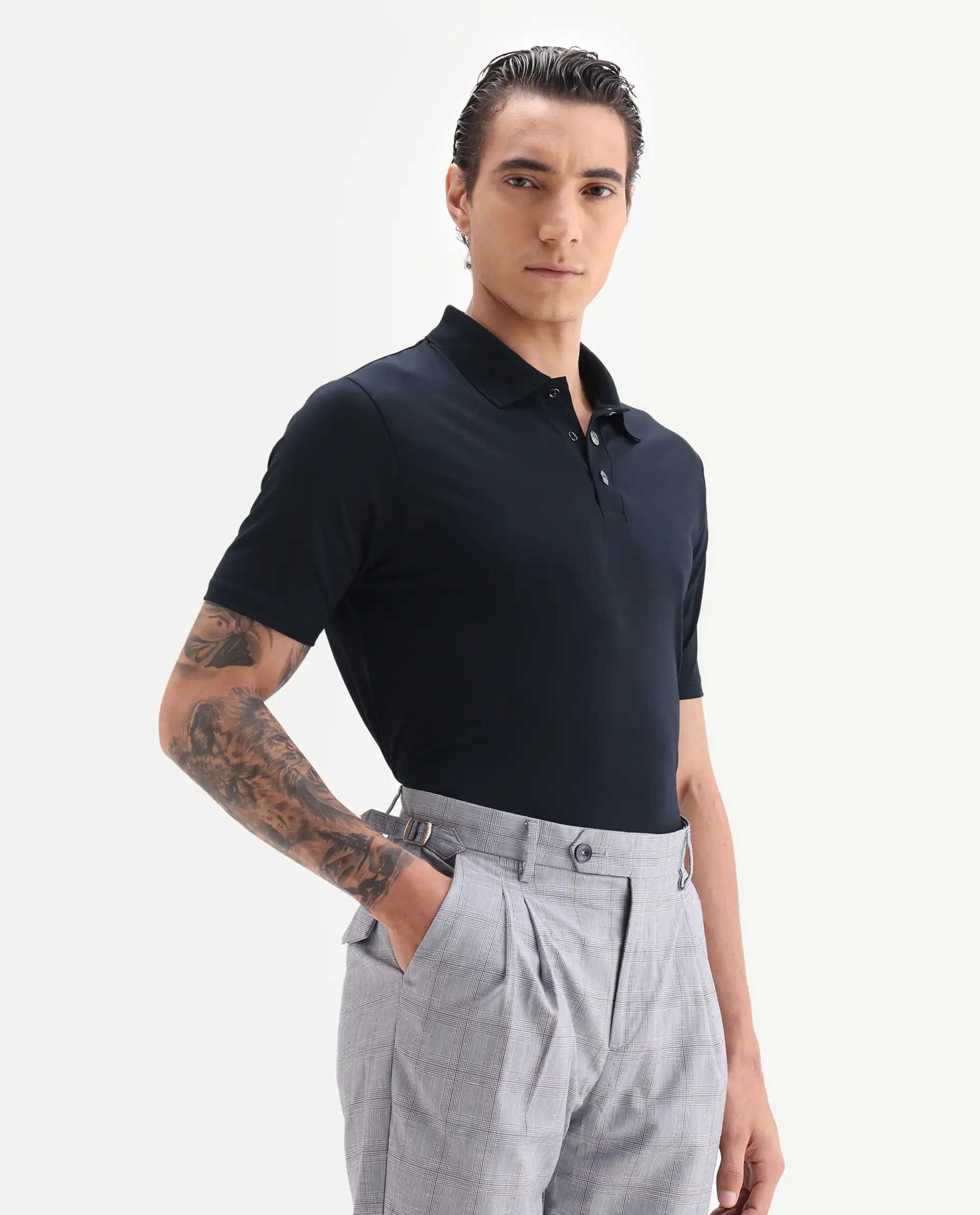 Rare Rabbit Men's Tang-1 Navy Cotton Plain Regular Fit Half Sleeve Polo - Image 5