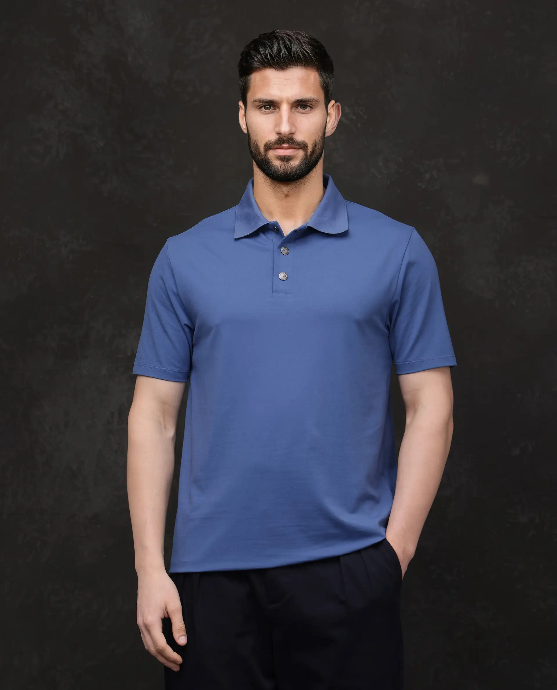 Rare Rabbit Men's Tang-25 Dusky Blue Cotton Blend Plain Regular Fit Half Sleeve Polo