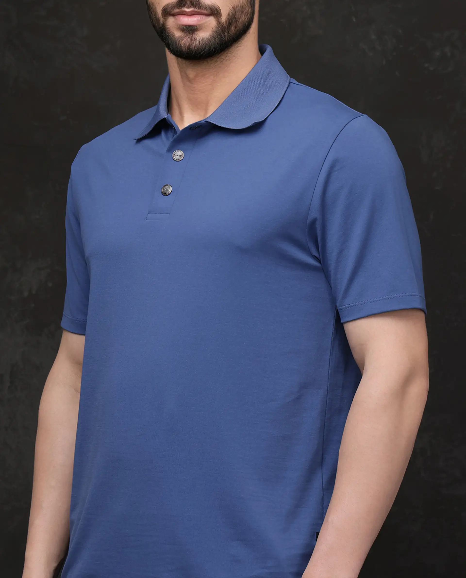 Rare Rabbit Men's Tang-25 Dusky Blue Cotton Blend Plain Regular Fit Half Sleeve Polo - Image 5