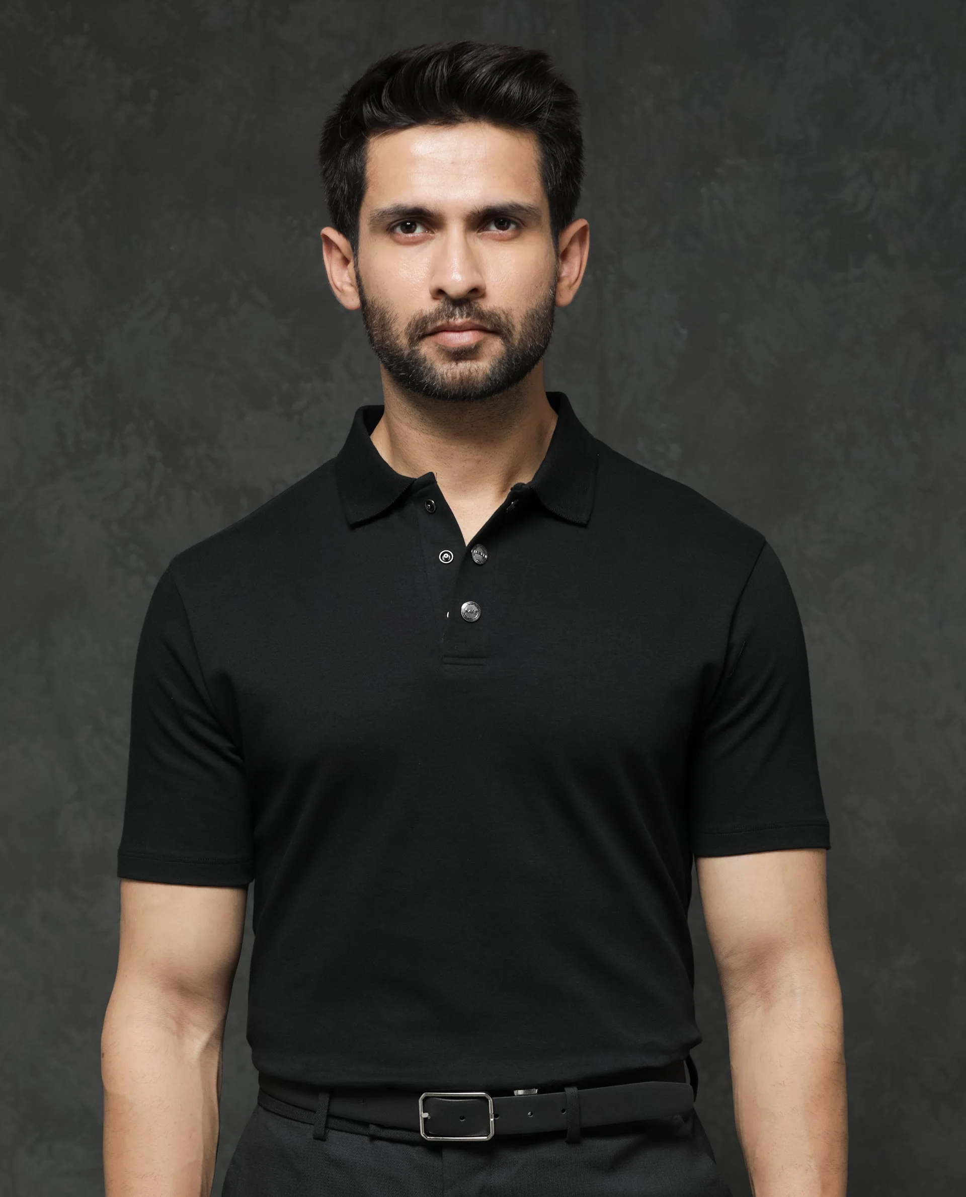 Rare Rabbit Men's Tang Black Cotton Plain Regular Fit Half Sleeve Polo