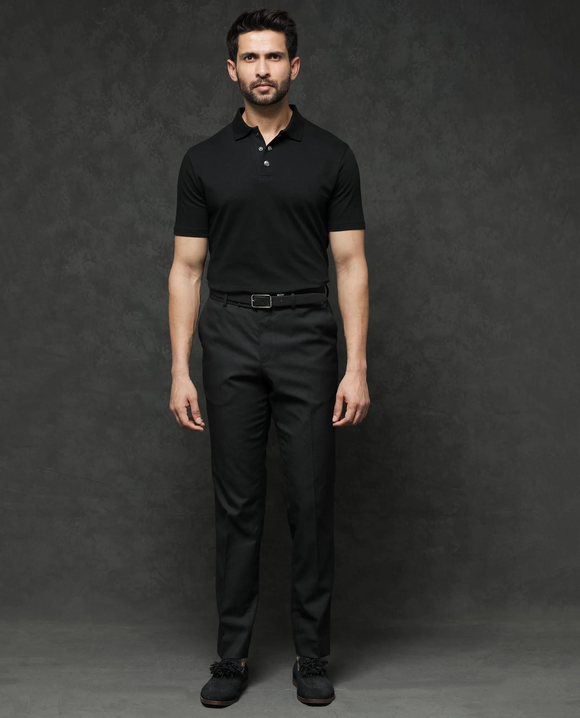 Rare Rabbit Men's Tang Black Cotton Plain Regular Fit Half Sleeve Polo - Image 2