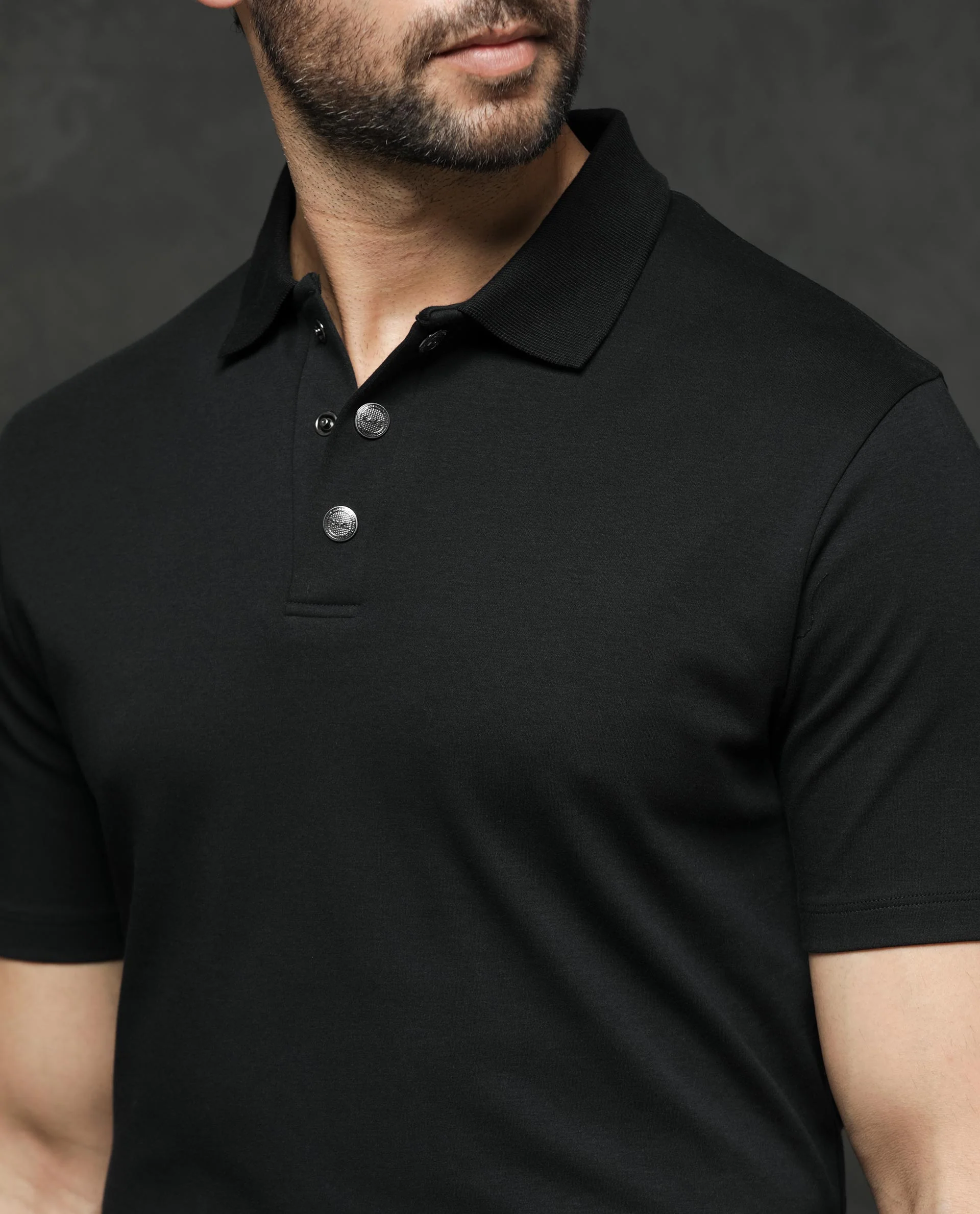 Rare Rabbit Men's Tang Black Cotton Plain Regular Fit Half Sleeve Polo - Image 3