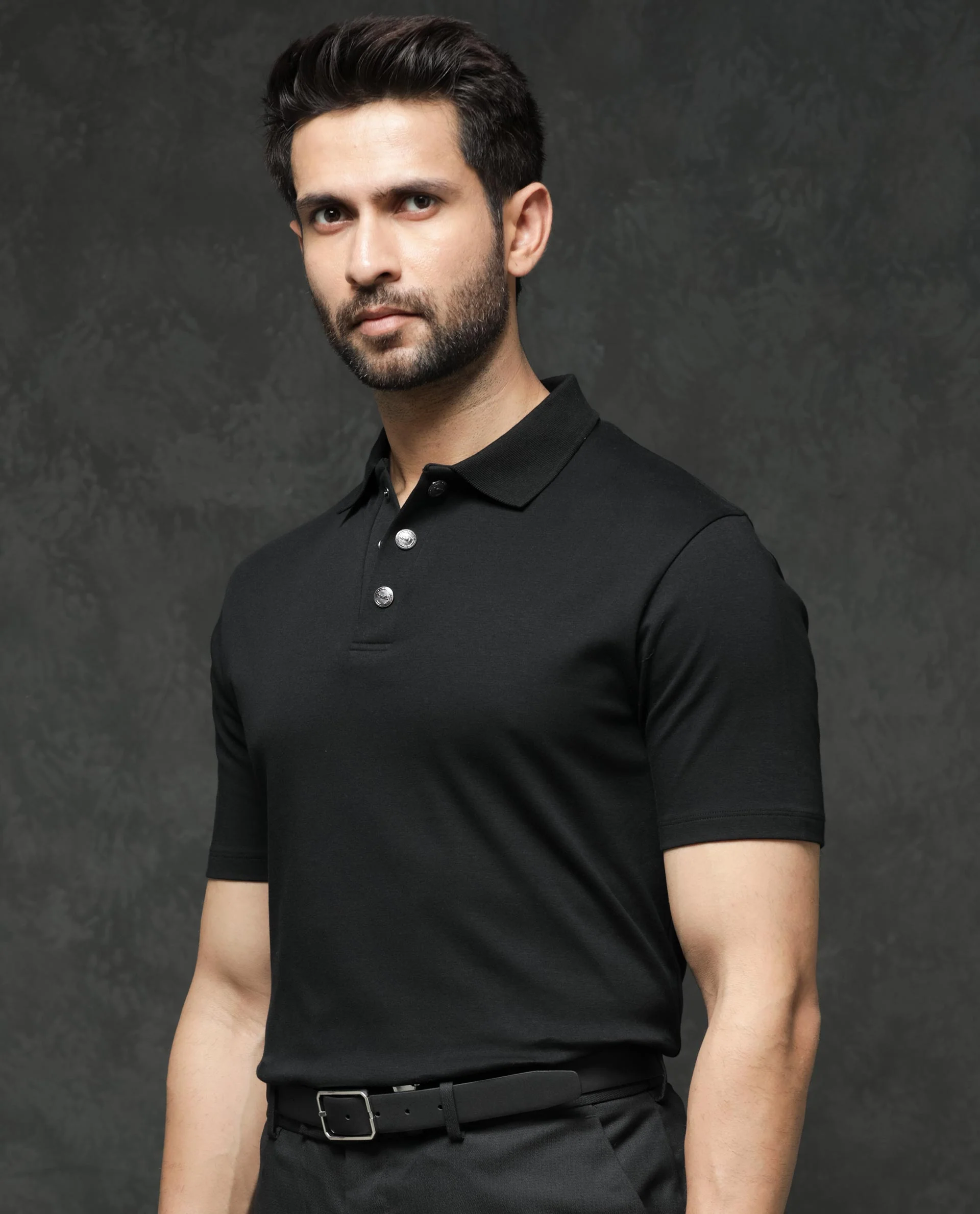 Rare Rabbit Men's Tang Black Cotton Plain Regular Fit Half Sleeve Polo - Image 6