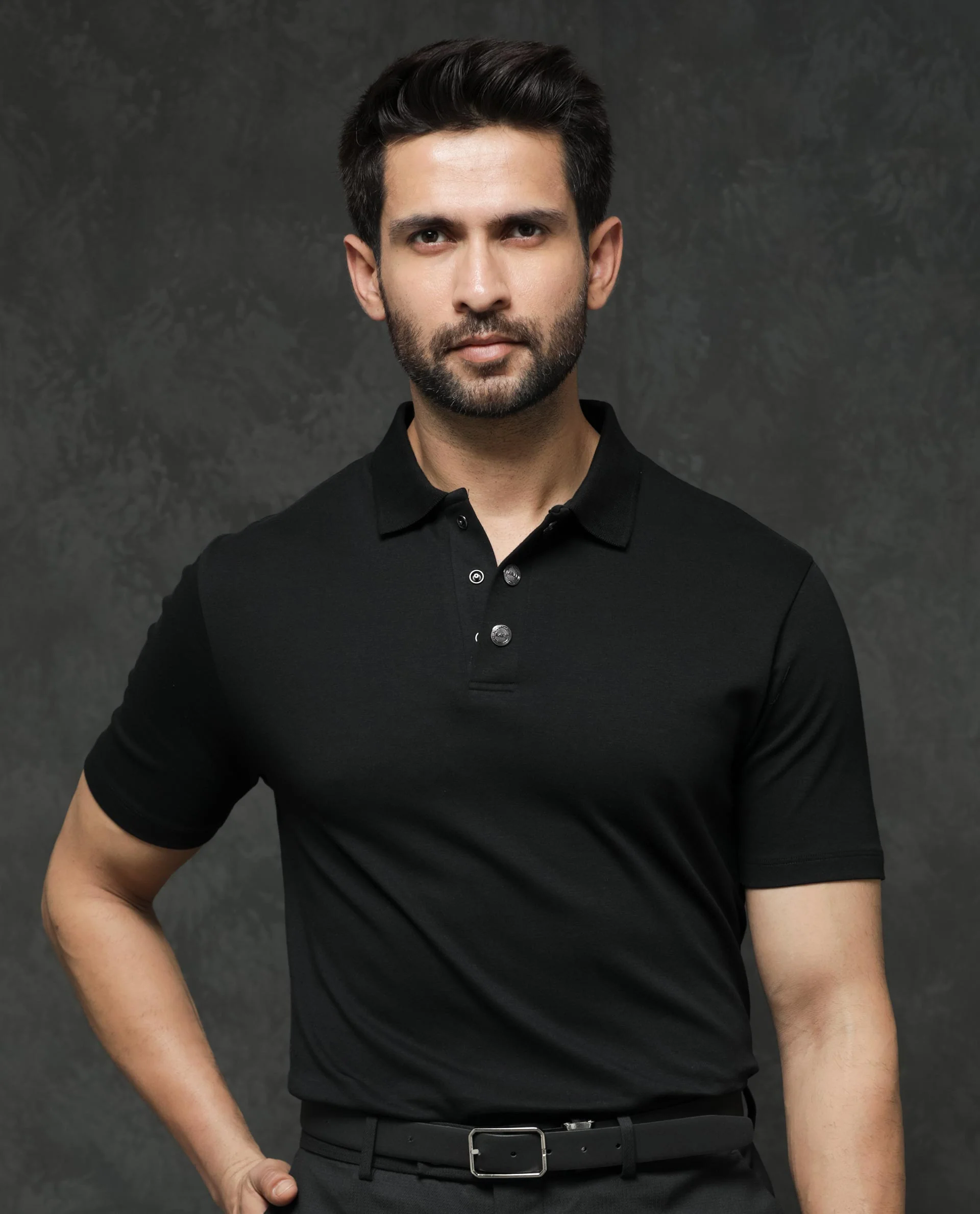 Rare Rabbit Men's Tang Black Cotton Plain Regular Fit Half Sleeve Polo - Image 8