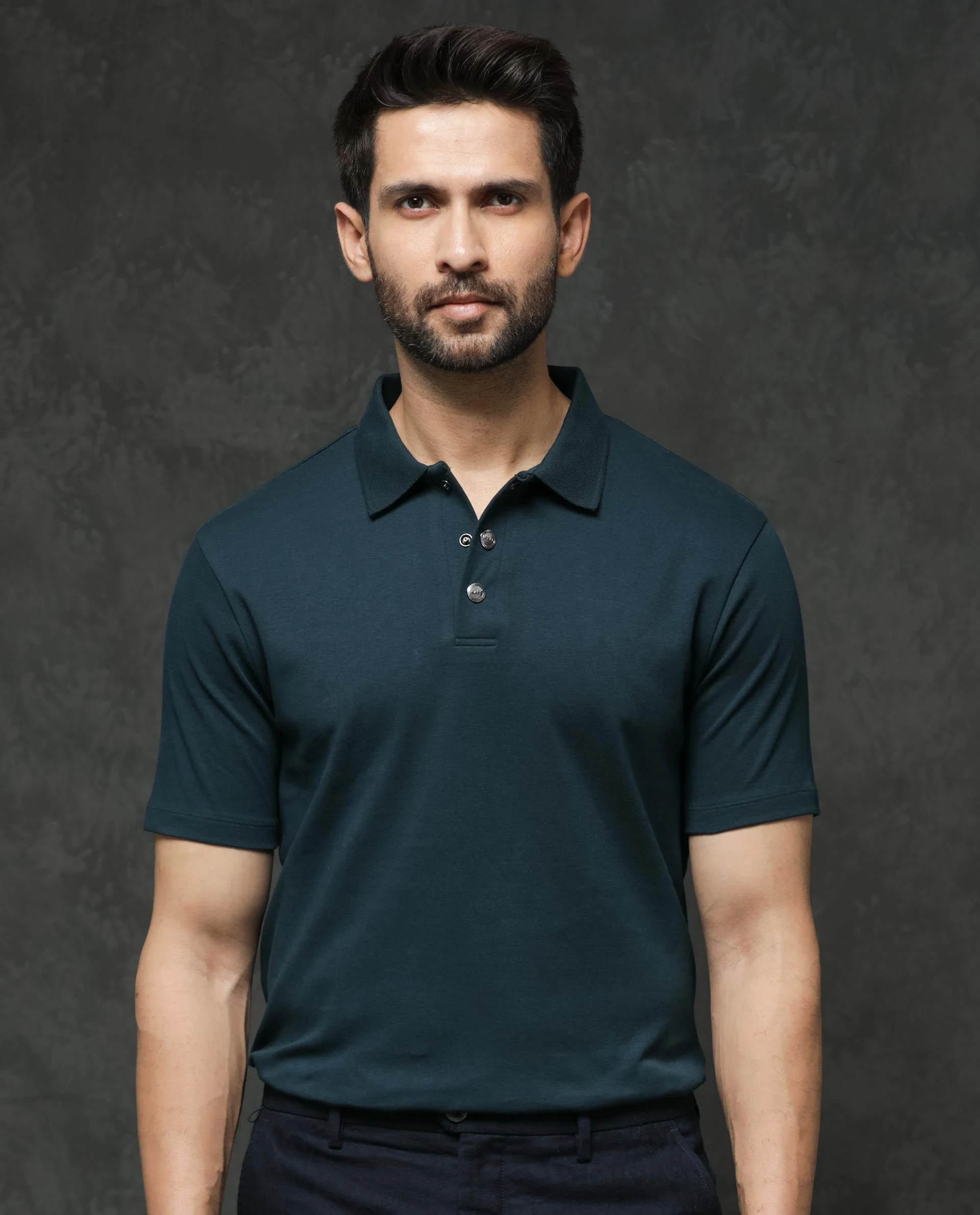 Rare Rabbit Men's Tang Petrol Cotton Plain Regular Fit Half Sleeve Polo