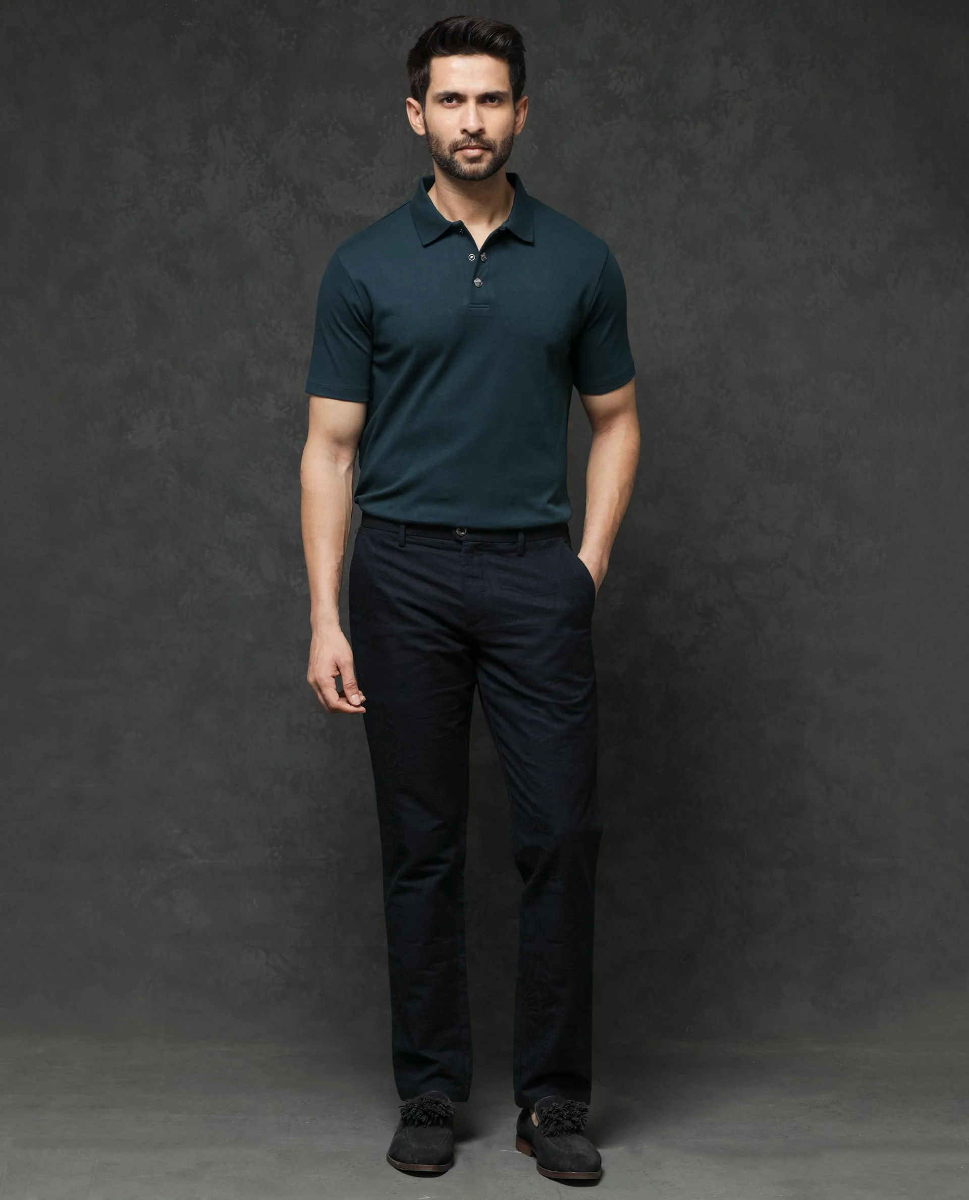 Rare Rabbit Men's Tang Petrol Cotton Plain Regular Fit Half Sleeve Polo - Image 2