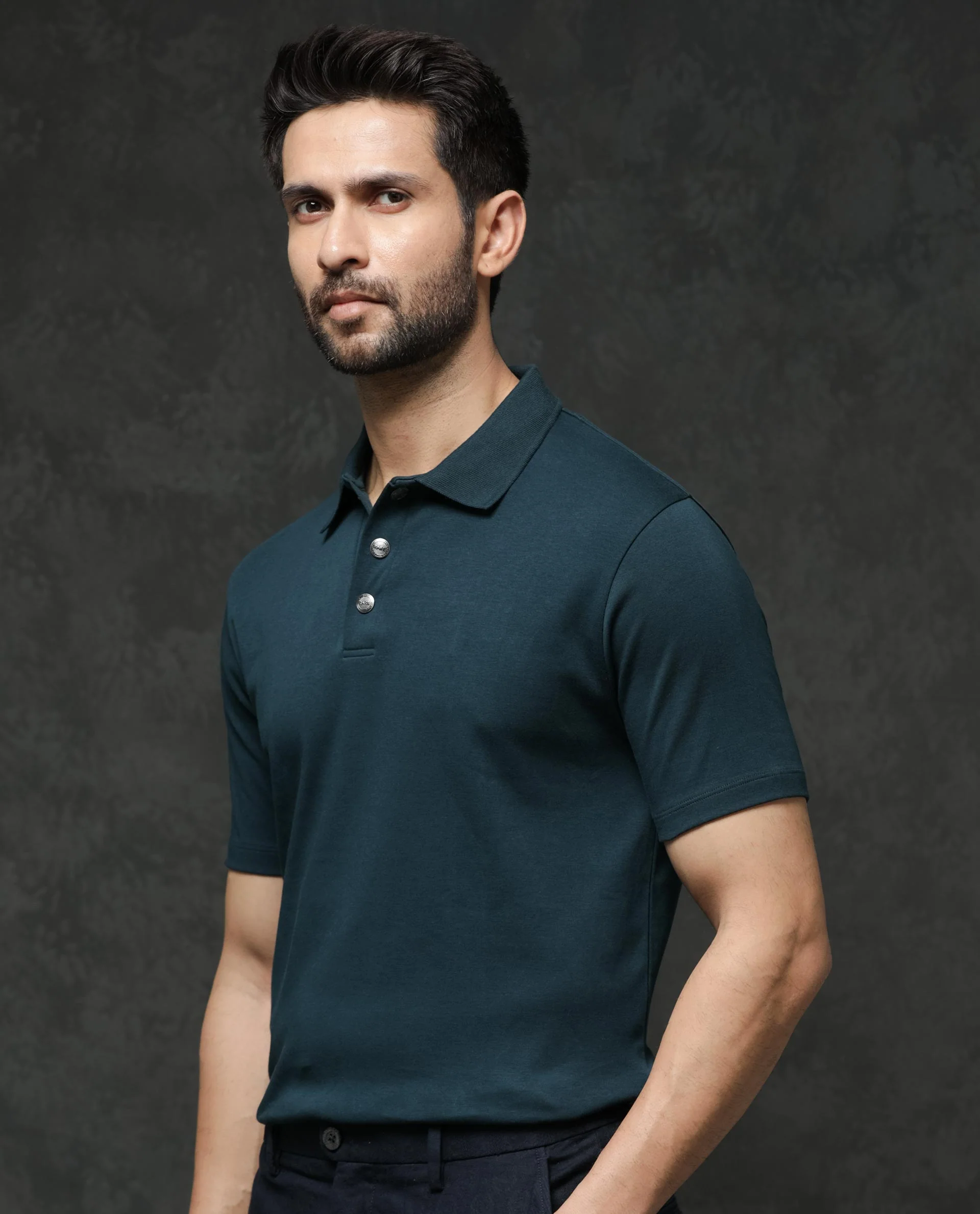 Rare Rabbit Men's Tang Petrol Cotton Plain Regular Fit Half Sleeve Polo - Image 5