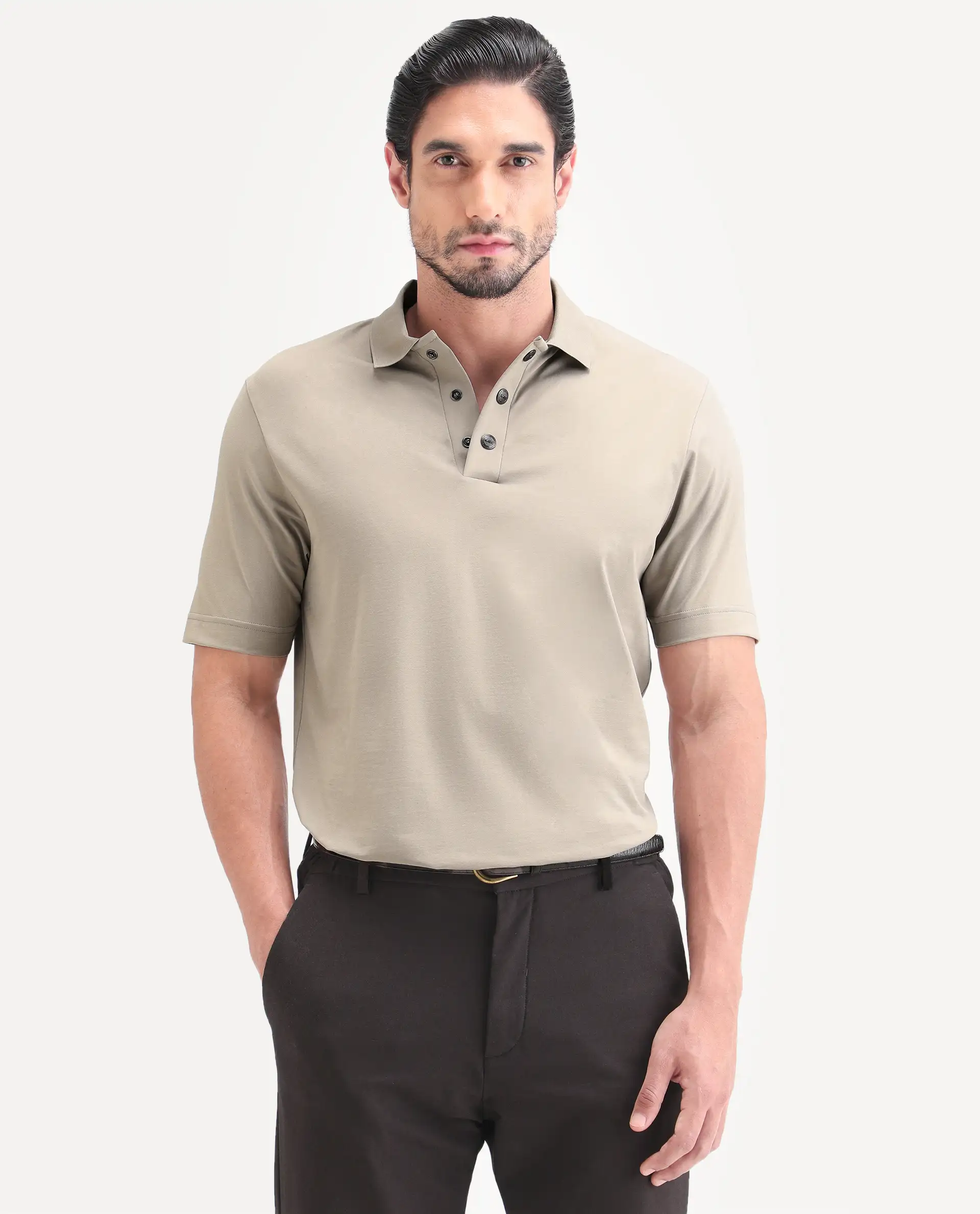 Rare Rabbit Men's Tang-S26 Dusky Beige Cotton Blend Fabric Half Sleeve Spread Collar Regular Fit Plain Polo - Image 4