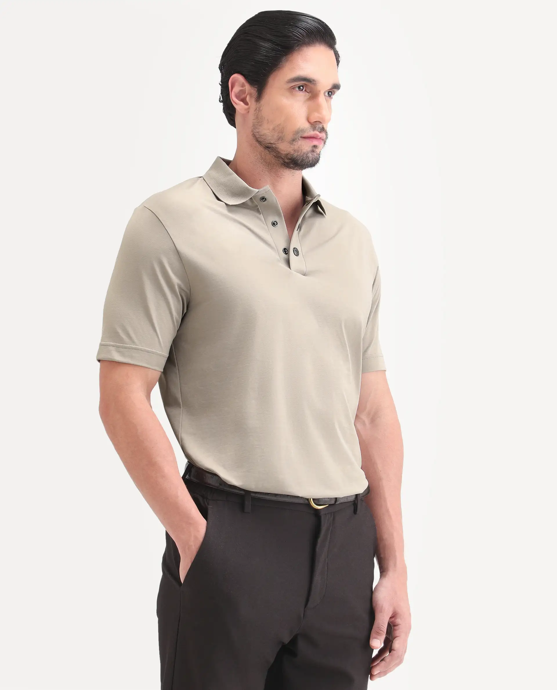 Rare Rabbit Men's Tang-S26 Dusky Beige Cotton Blend Fabric Half Sleeve Spread Collar Regular Fit Plain Polo - Image 5